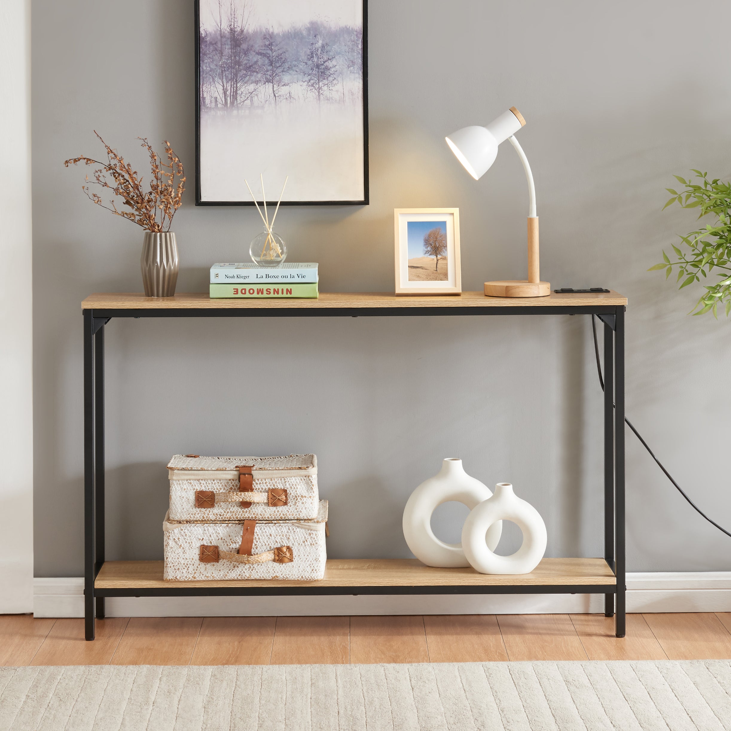 Console Table with Charging Station, 2-Tier Narrow Sofa Table