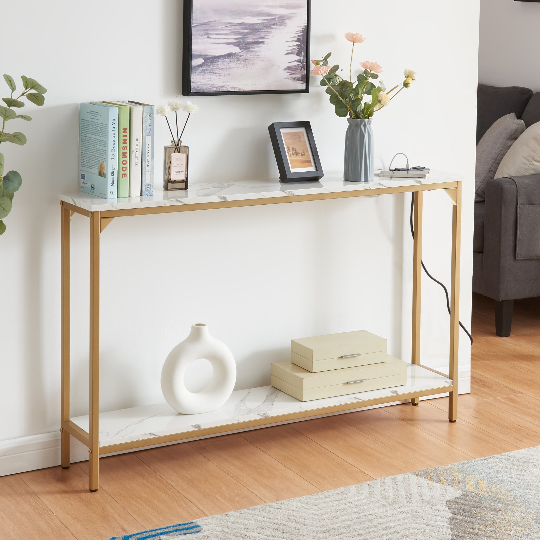 Console Table with Charging Station, 2-Tier Narrow Sofa Table