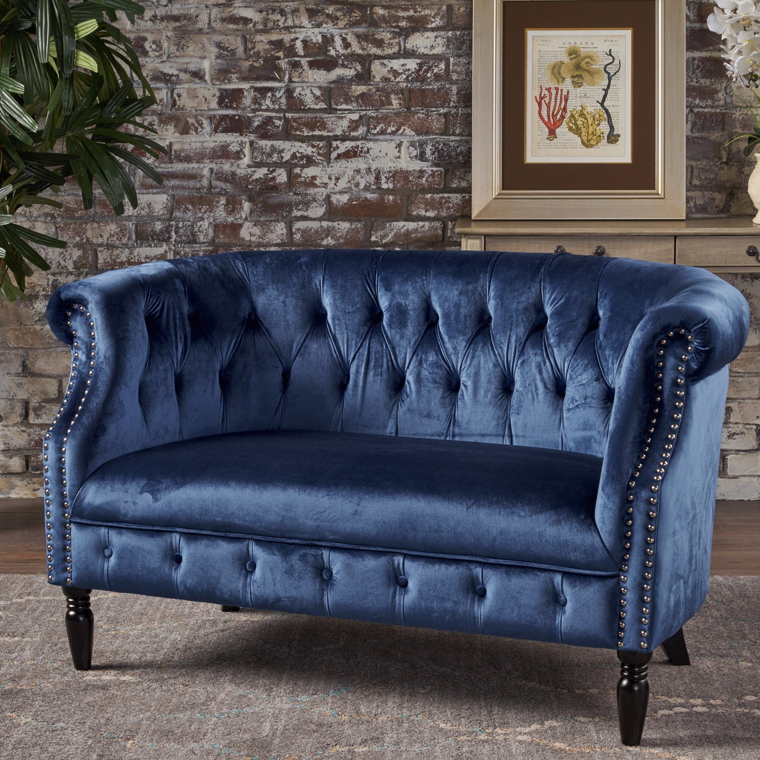 Baroque Style Navy Blue Velvet Loveseat Sofa