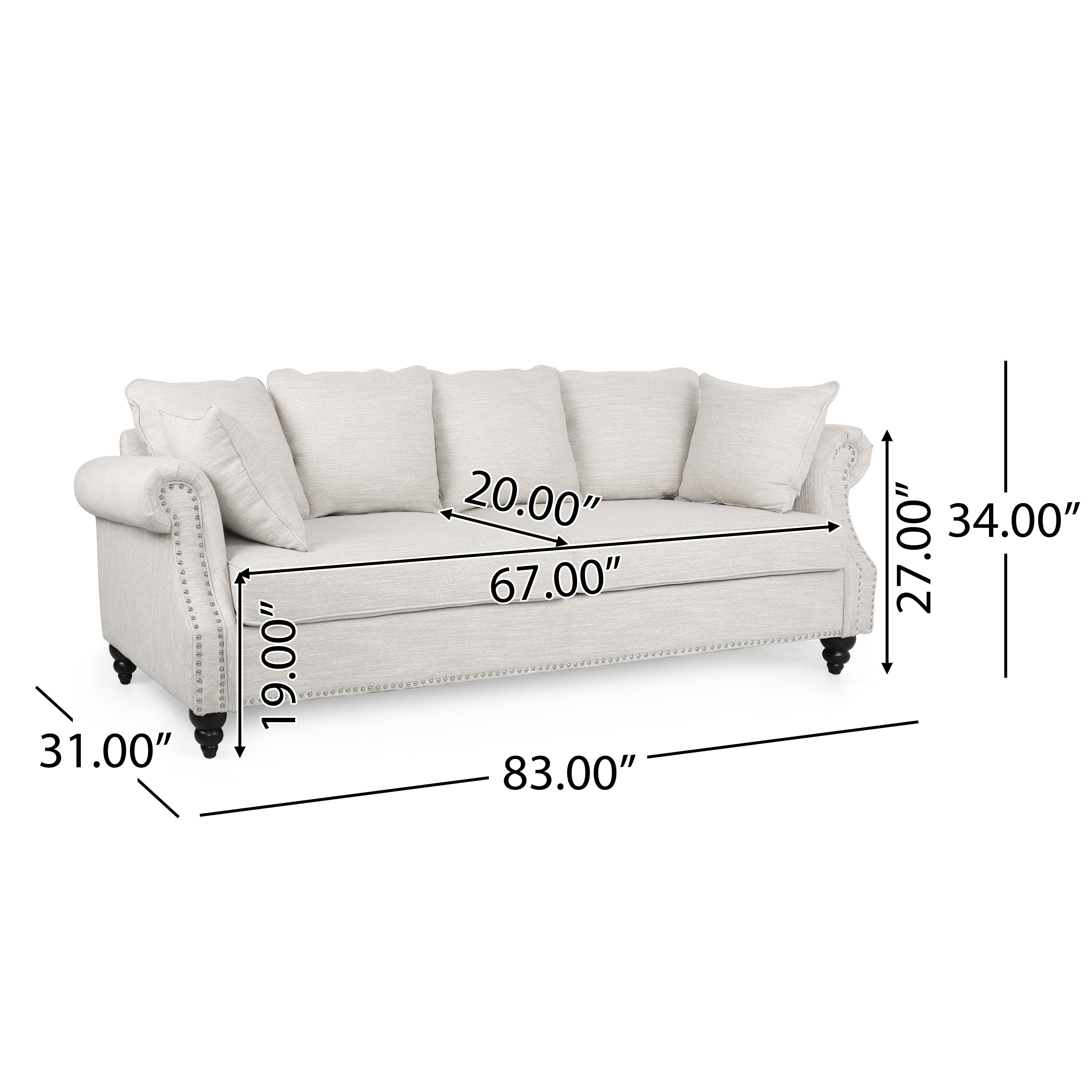 Contemporary Beige Upholstered Fabric 3-Seater Sofa with Nailhead Accents and Pillows