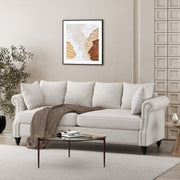 Contemporary Beige Upholstered Fabric 3-Seater Sofa with Nailhead Accents and Pillows