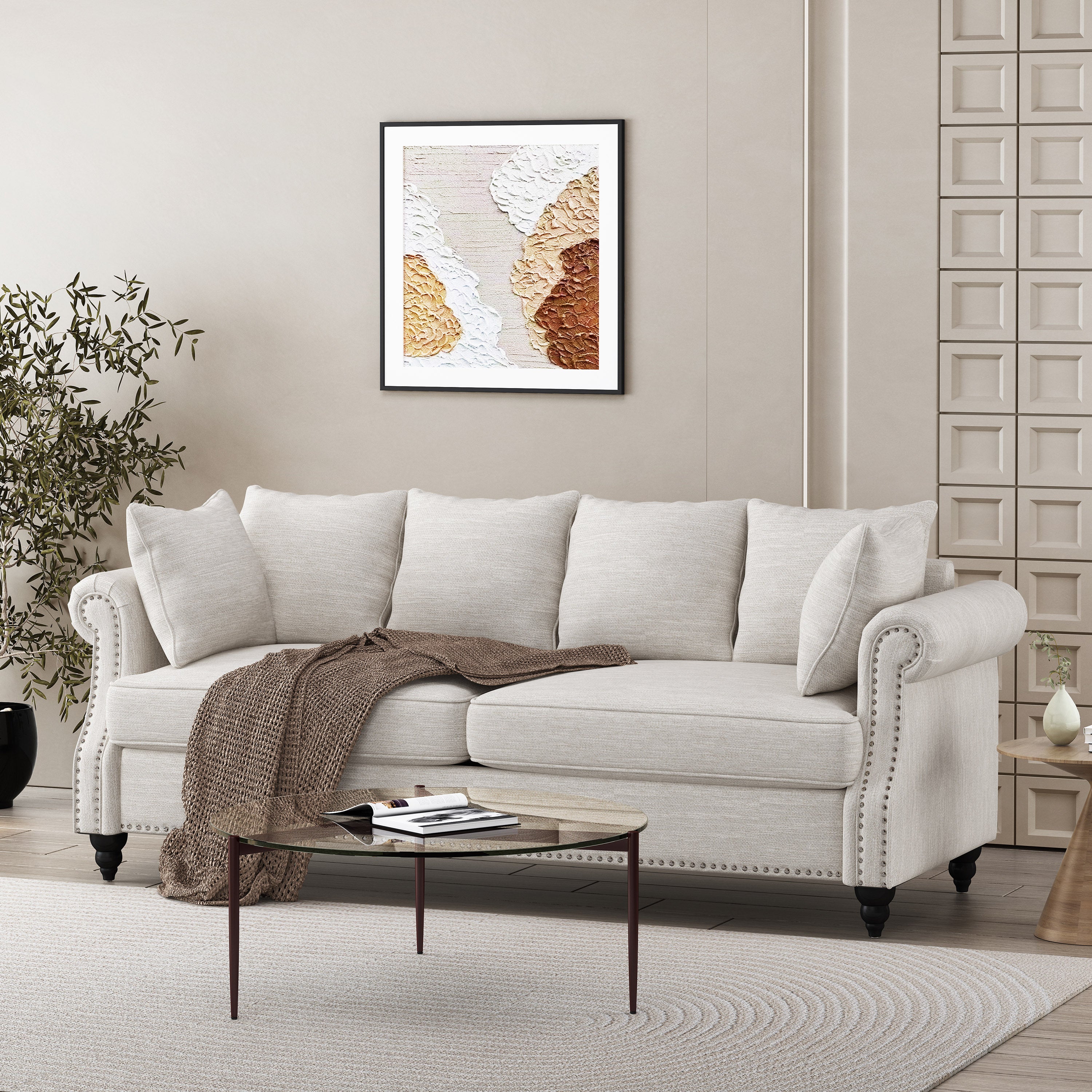 Contemporary Beige Upholstered Fabric 3-Seater Sofa with Nailhead Accents and Pillows