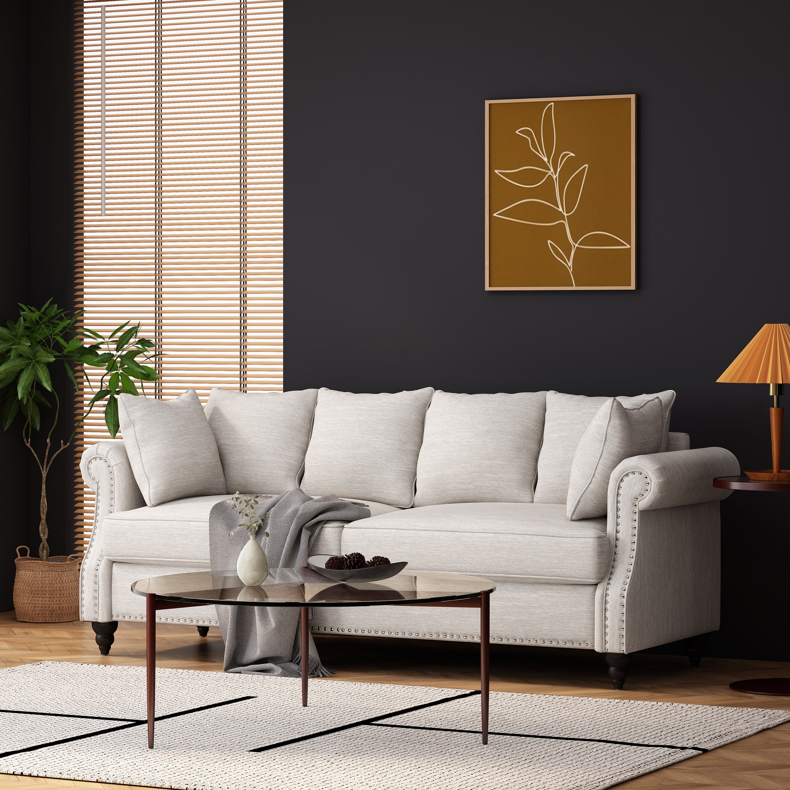 Contemporary Beige Upholstered Fabric 3-Seater Sofa with Nailhead Accents and Pillows