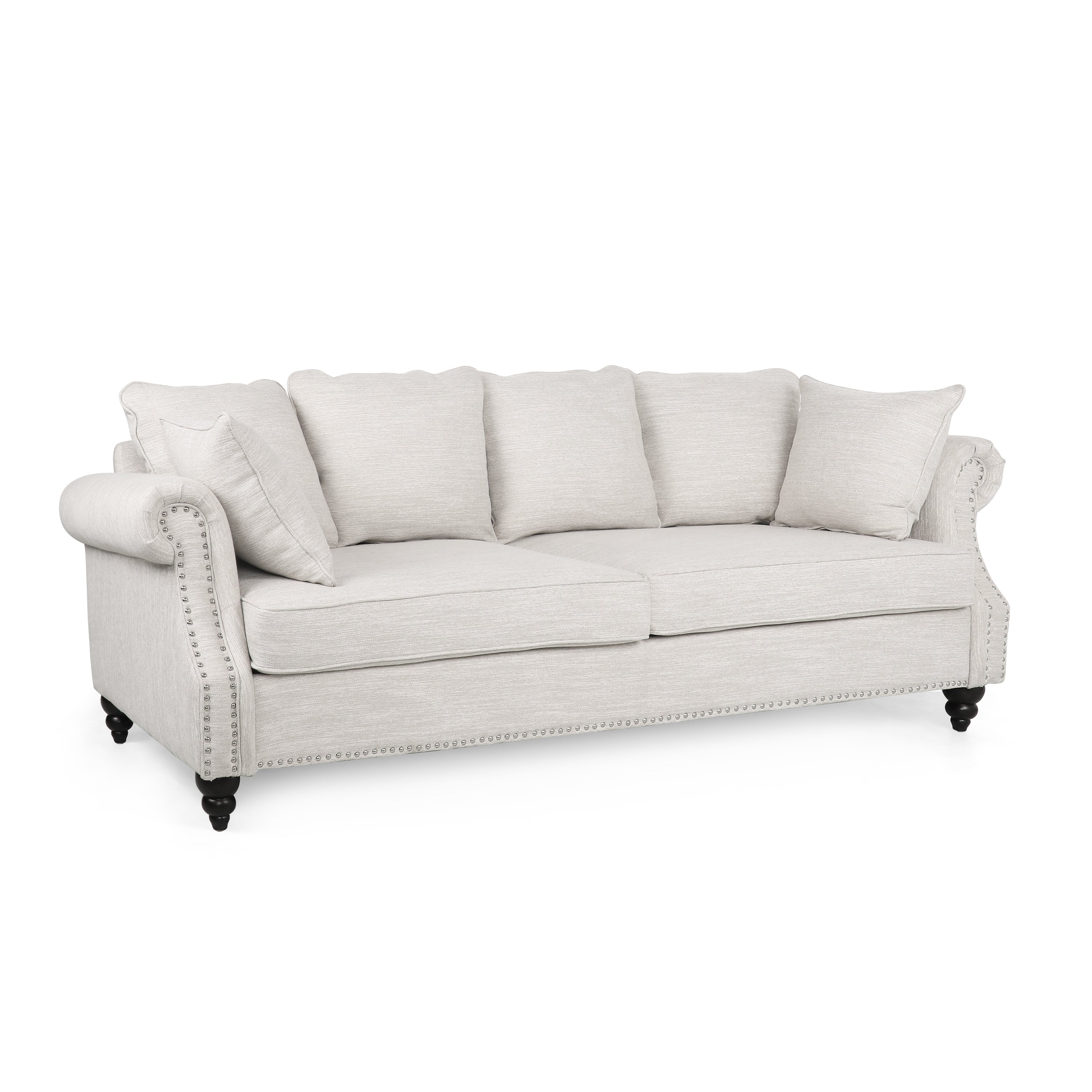 Contemporary Beige Upholstered Fabric 3-Seater Sofa with Nailhead Accents and Pillows