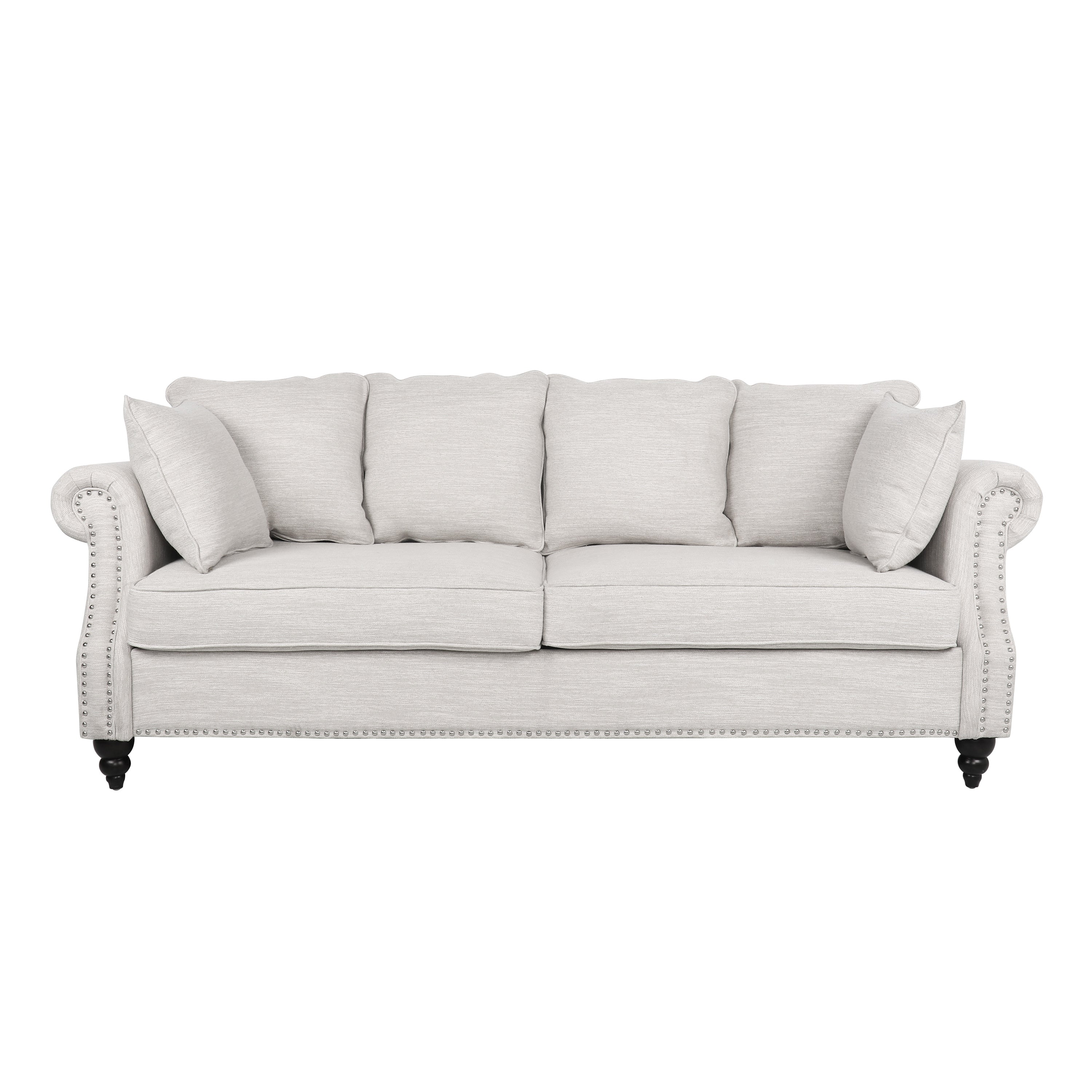 Contemporary Beige Upholstered Fabric 3-Seater Sofa with Nailhead Accents and Pillows