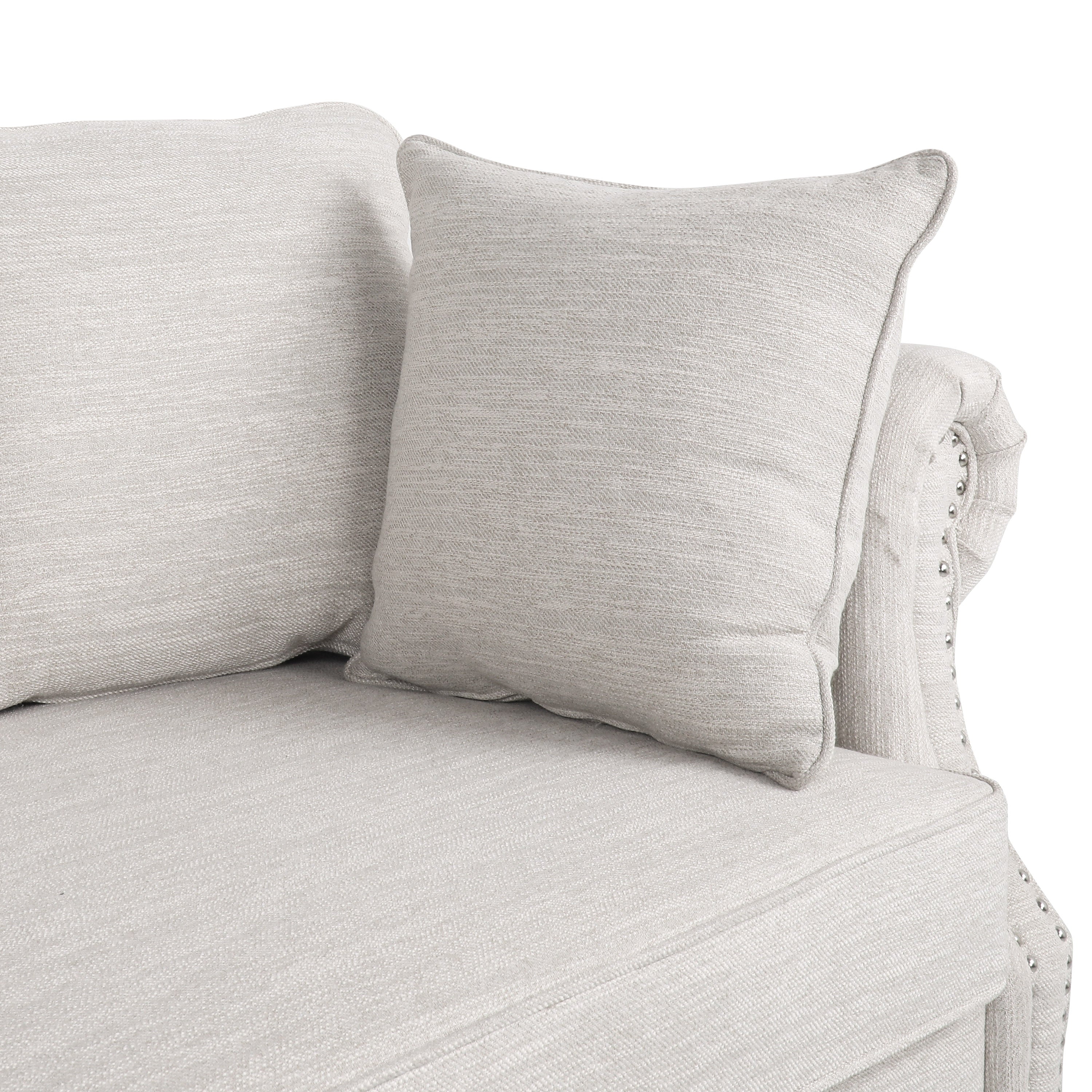 Contemporary Beige Upholstered Fabric 3-Seater Sofa with Nailhead Accents and Pillows