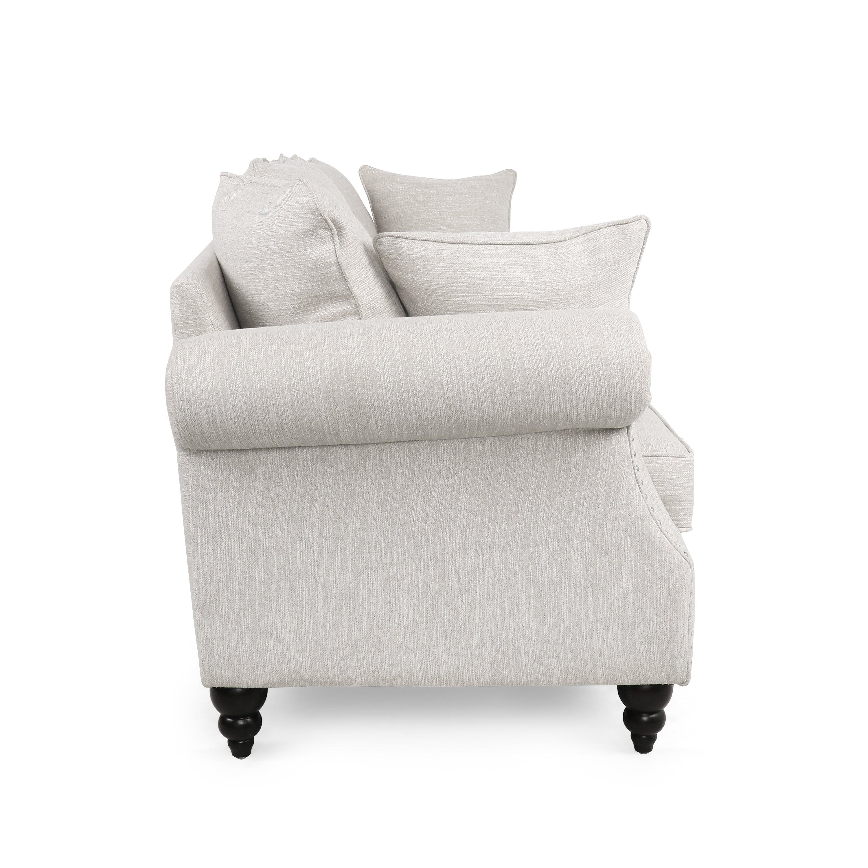Contemporary Beige Upholstered Fabric 3-Seater Sofa with Nailhead Accents and Pillows