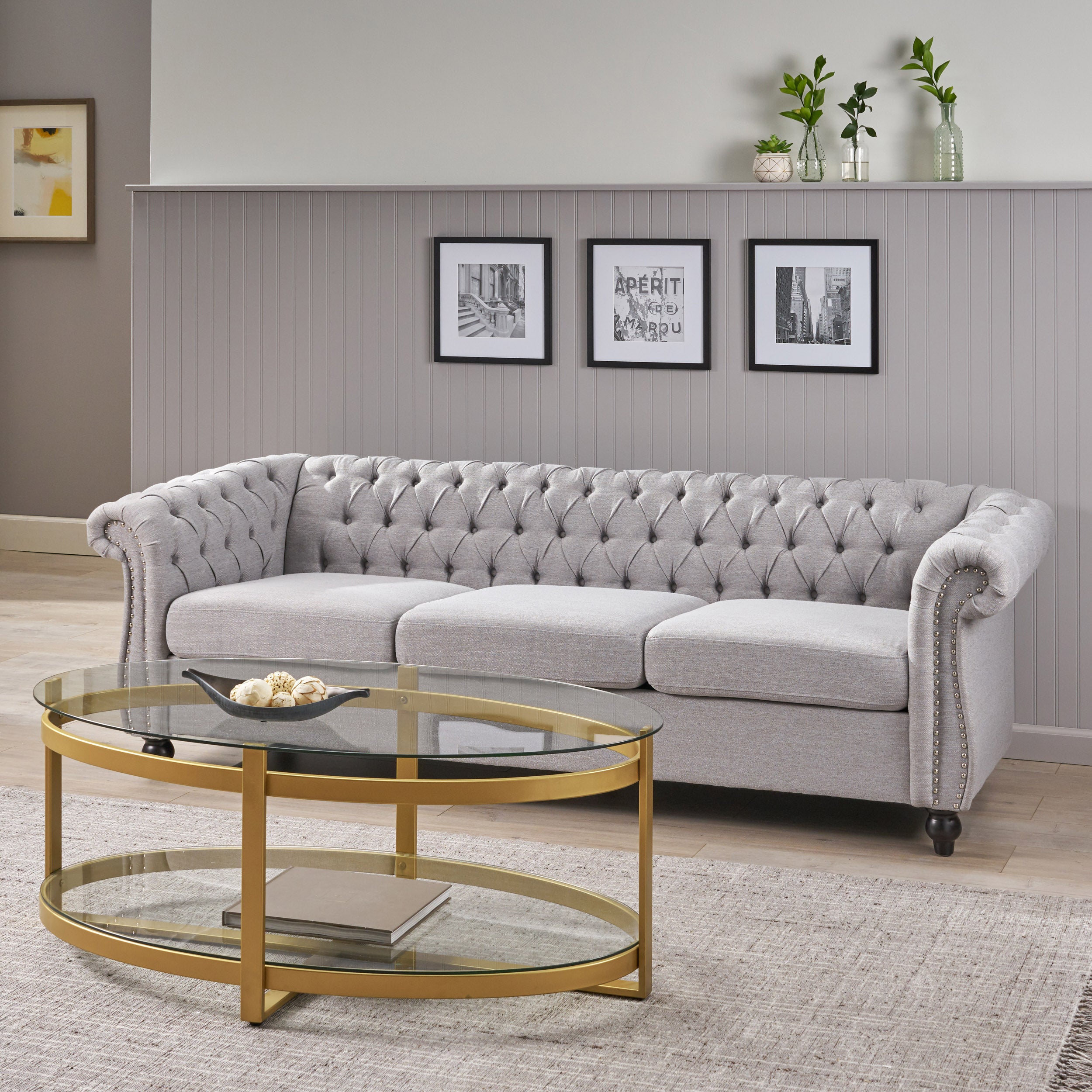 Modern Style Cloud Gray Button Tufted Upholstered Fabric Sofa