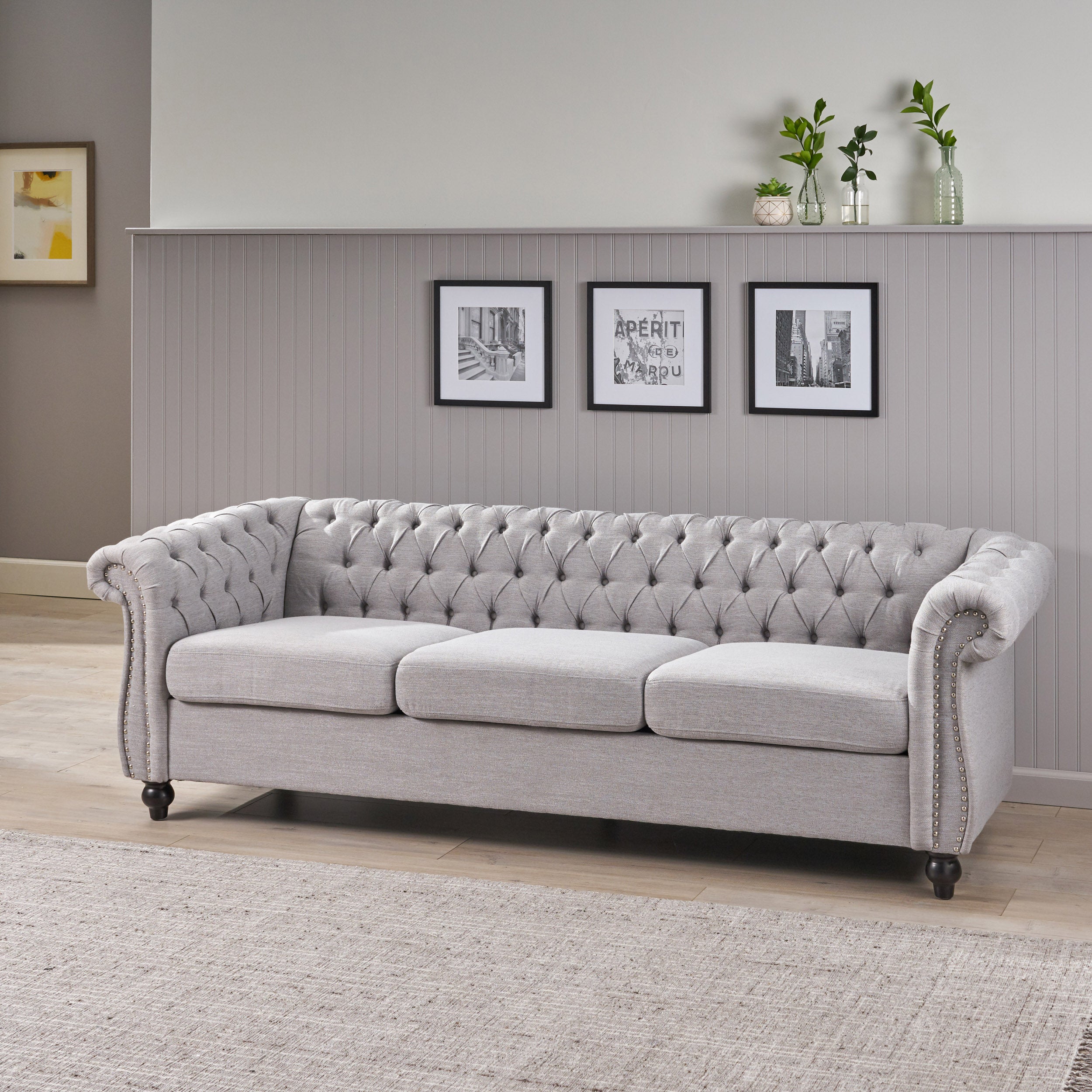 Modern Style Cloud Gray Button Tufted Upholstered Fabric Sofa