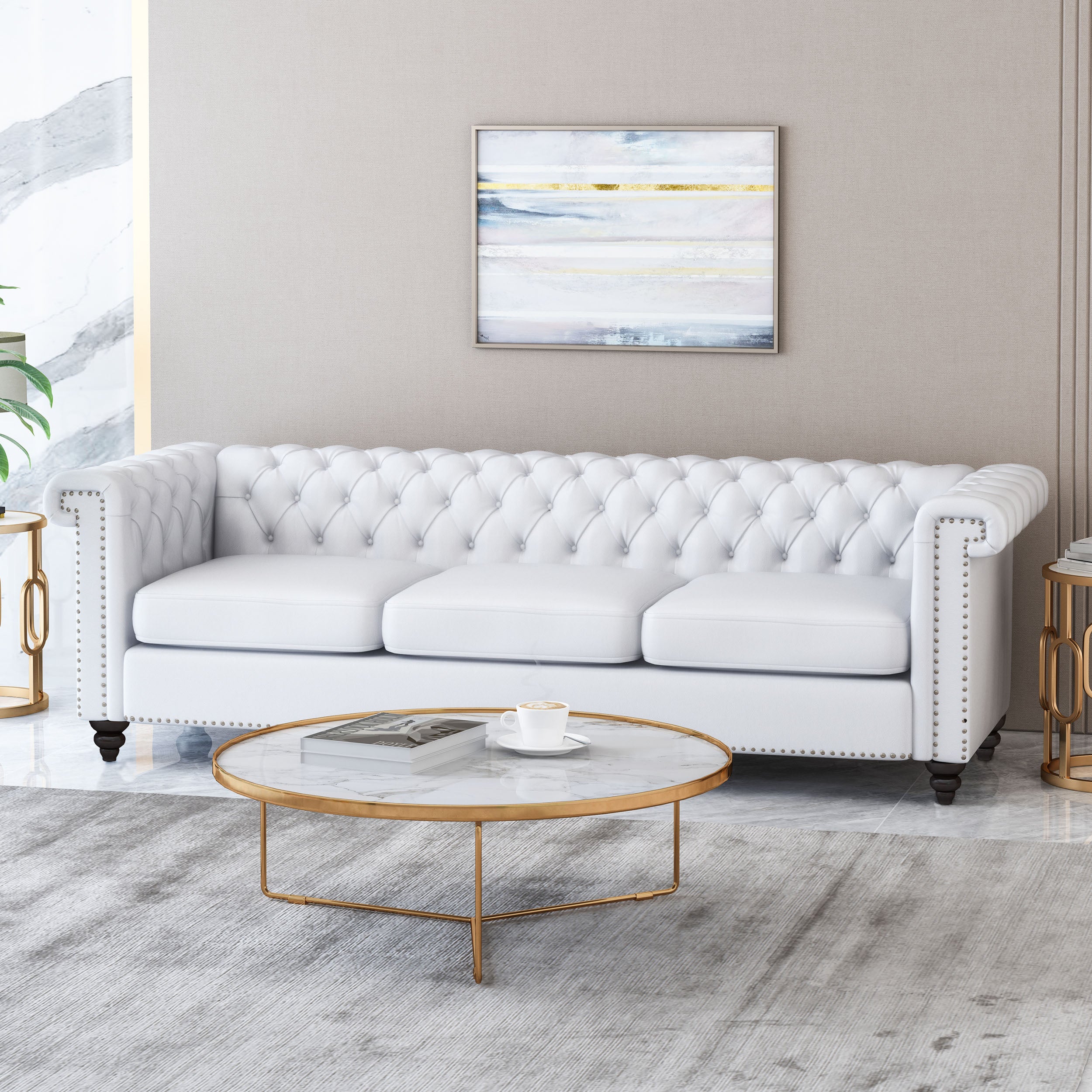 Chesterfield White PU Leather/Emerald Green Velvet Button-Tufted 3-Seater Sofa