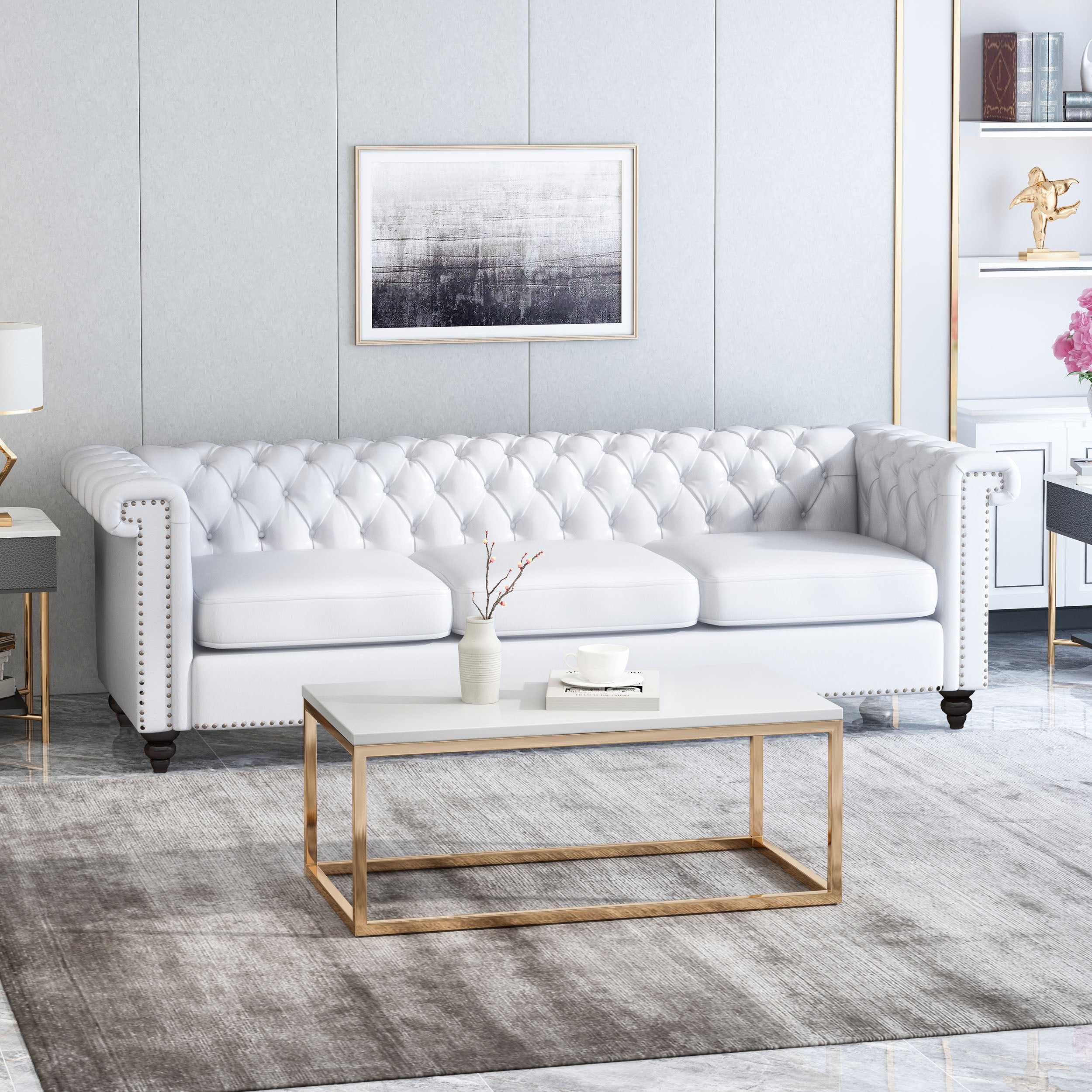 Chesterfield White PU Leather/Emerald Green Velvet Button-Tufted 3-Seater Sofa