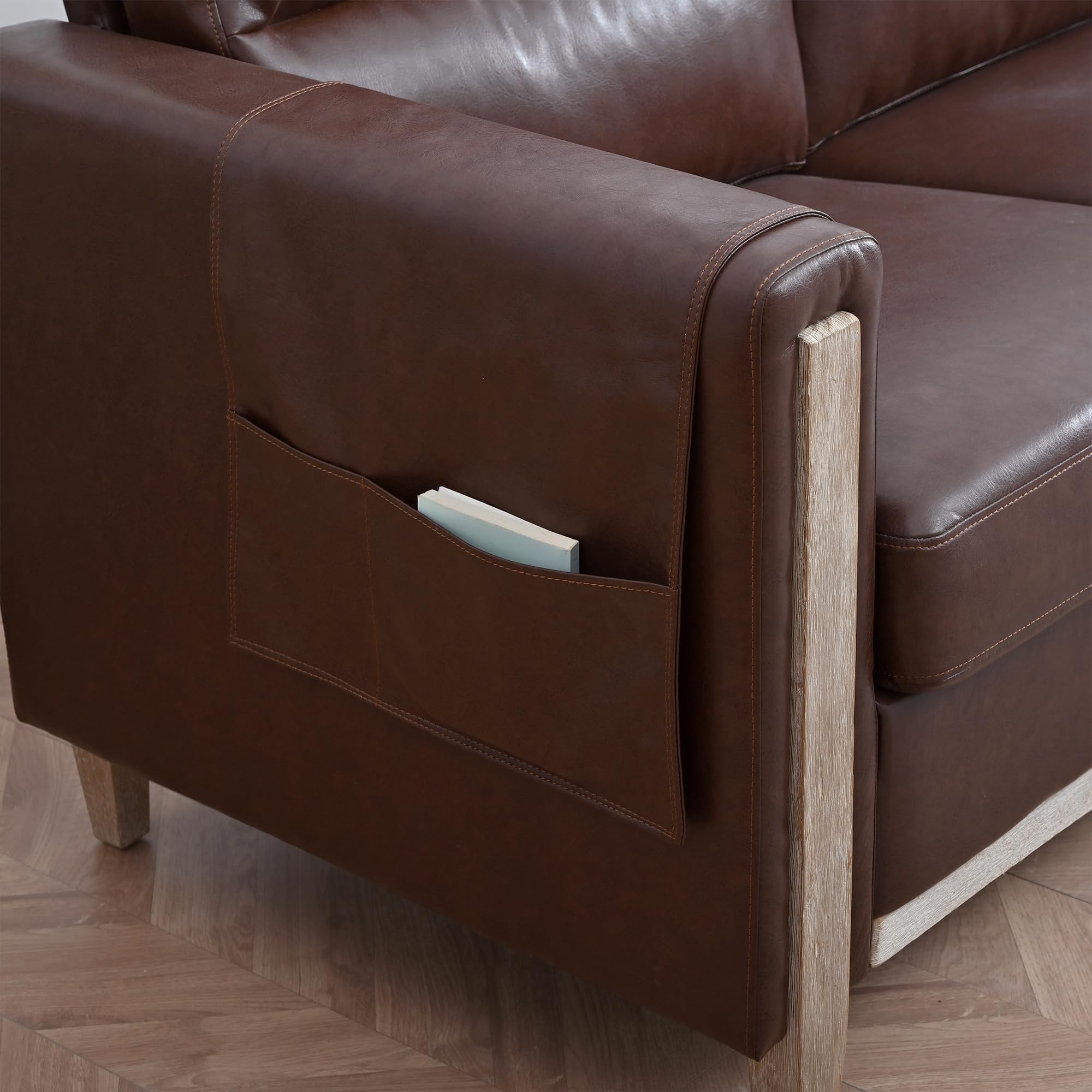 Modern Brown PU Leather 3-Seater Sofa with Storage Pocket, Soft Cushions & Solid Wood Frame, Durable