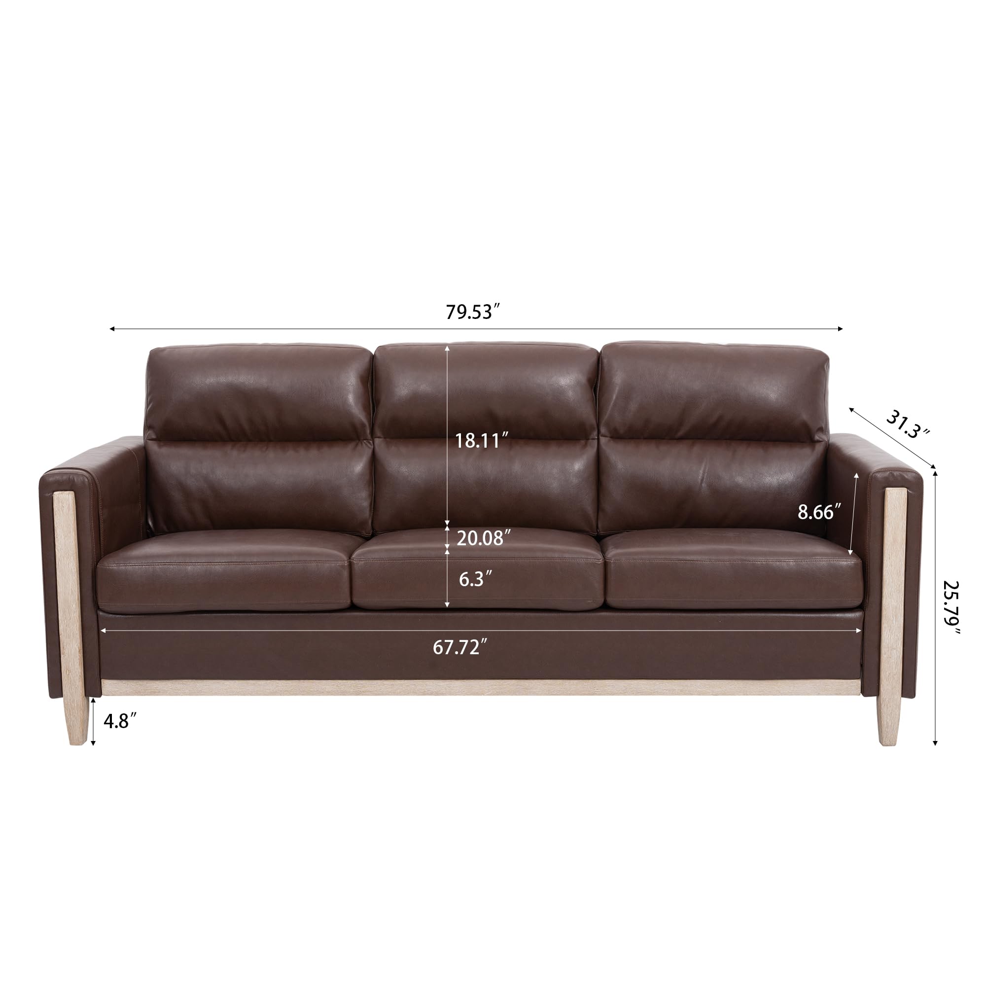 Modern Brown PU Leather 3-Seater Sofa with Storage Pocket, Soft Cushions & Solid Wood Frame, Durable
