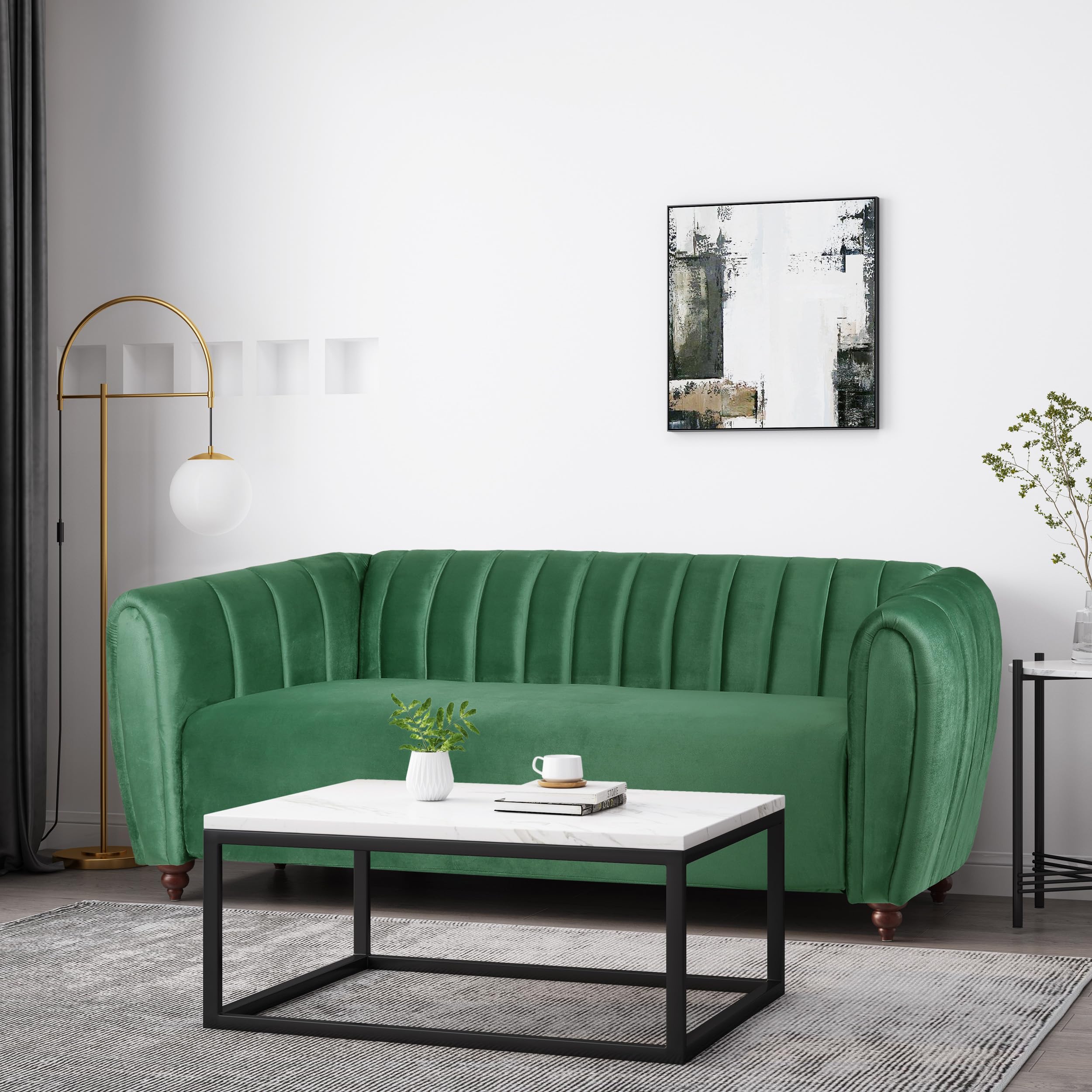 Modern Glam Emerald Green Channel-Tufted 3-Seater Velvet Upholstered Sofa with Tuxedo Arms and Birch