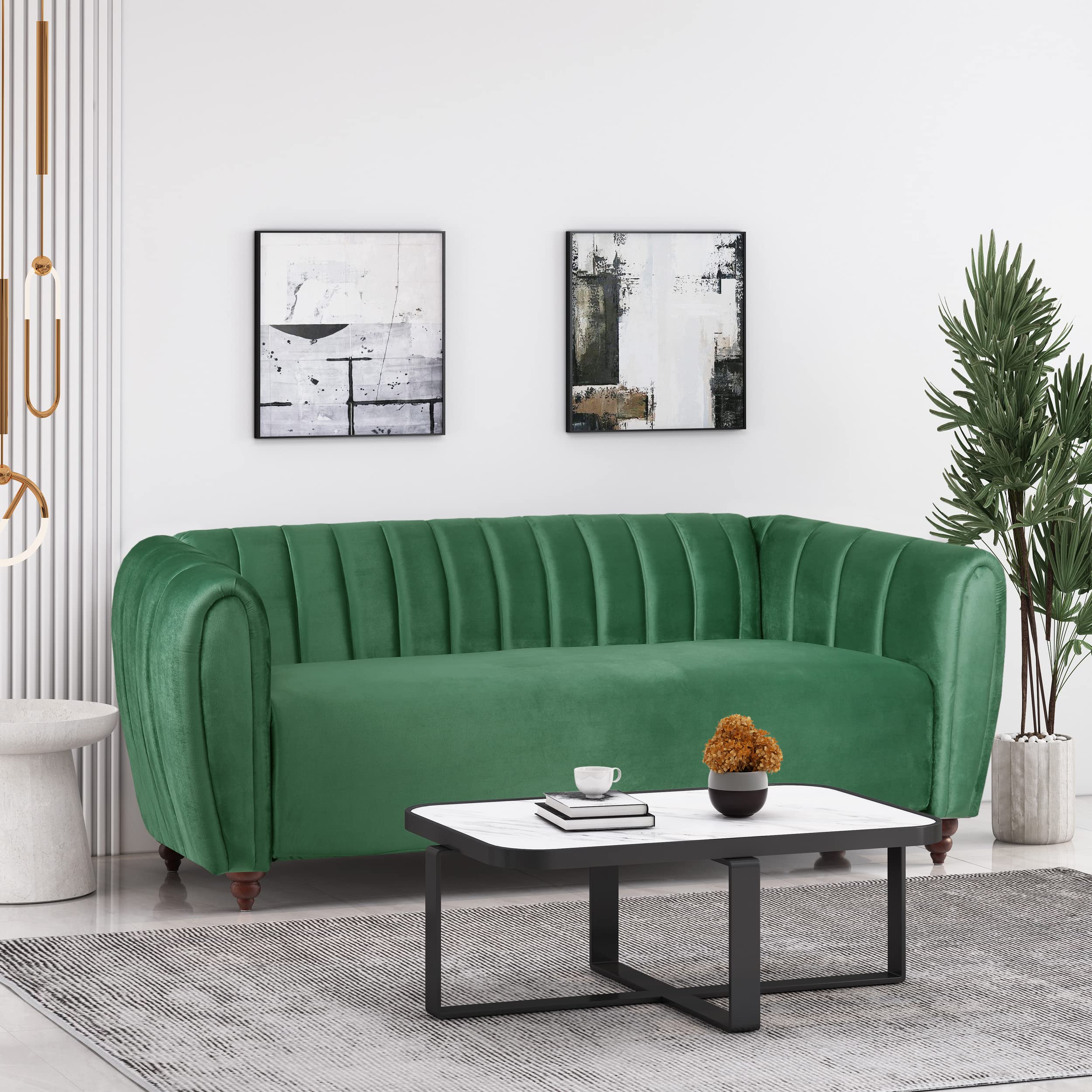 Modern Glam Emerald Green Channel-Tufted 3-Seater Velvet Upholstered Sofa with Tuxedo Arms and Birch