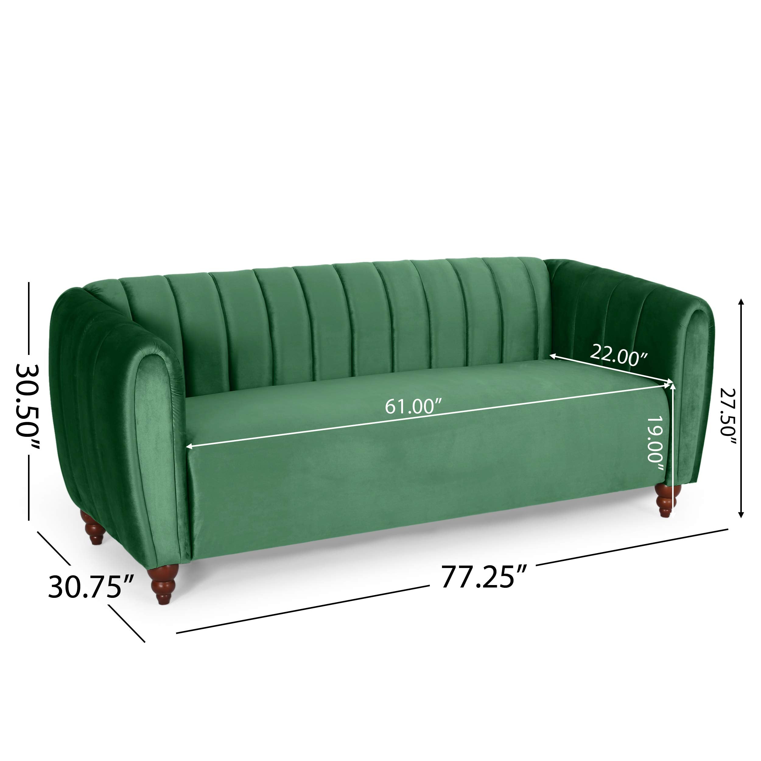 Modern Glam Emerald Green Channel-Tufted 3-Seater Velvet Upholstered Sofa with Tuxedo Arms and Birch