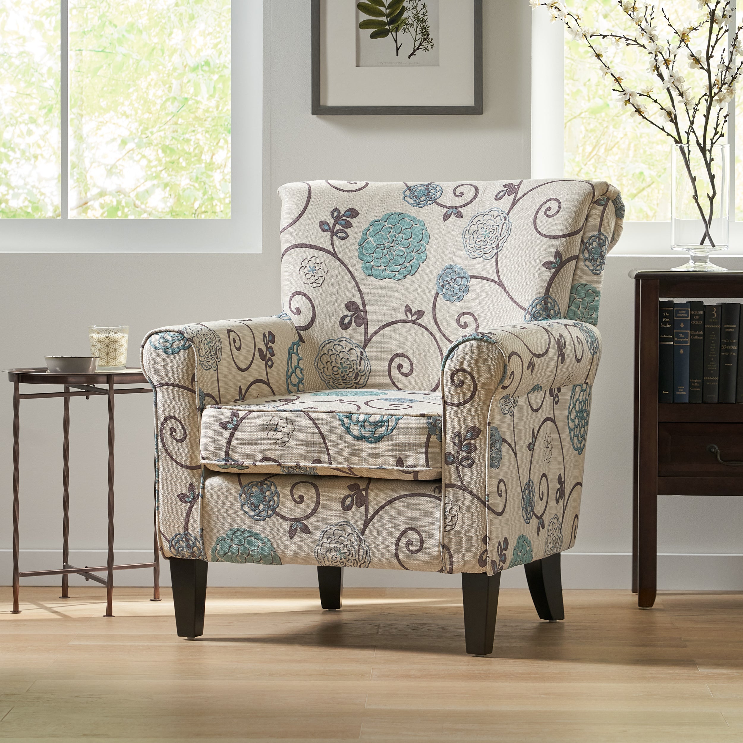 Floral Cottage Core Blue Floral Print Fabric Upholstered Accent Club Chair