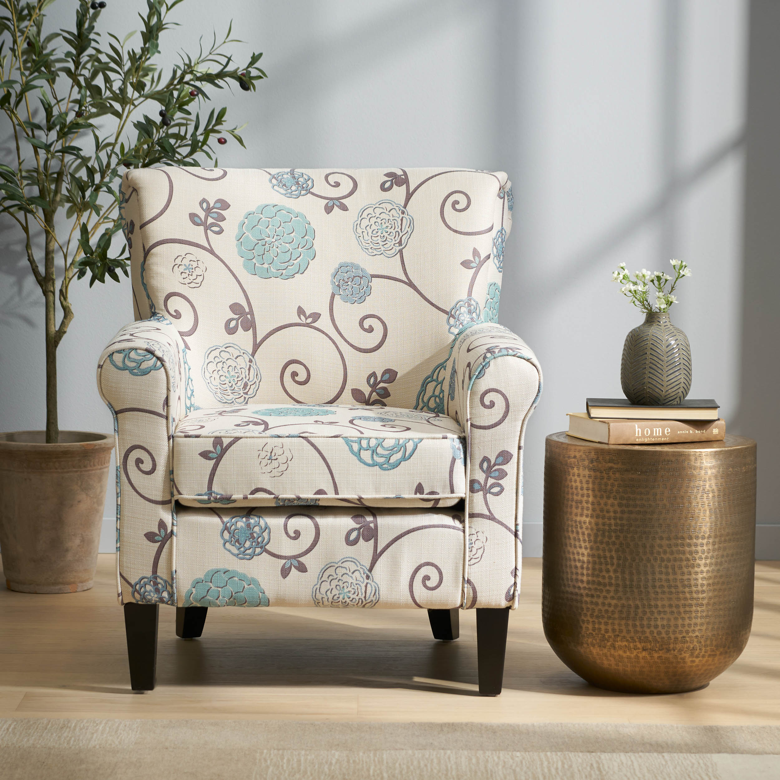 Floral Cottage Core Blue Floral Print Fabric Upholstered Accent Club Chair