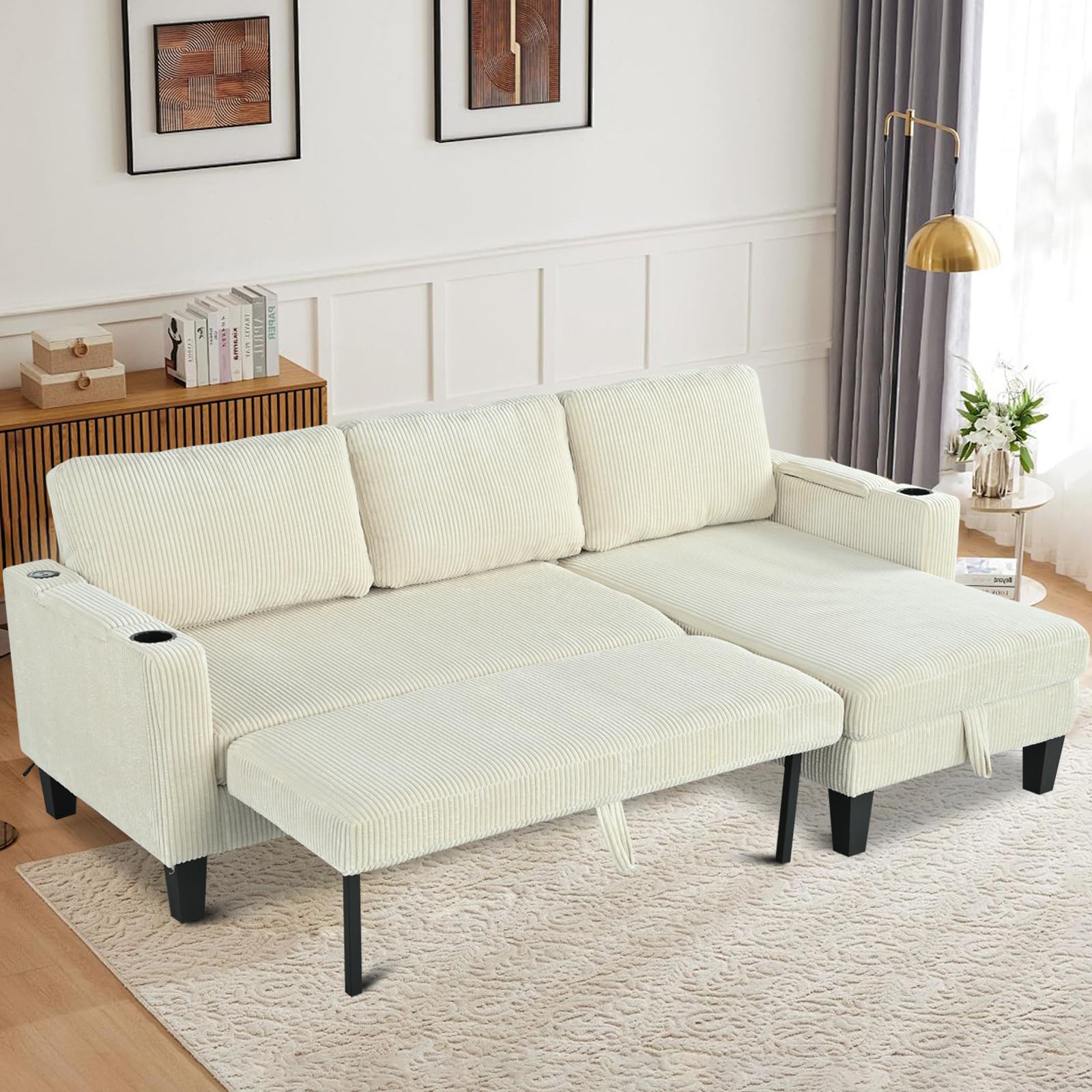 Modern Beige/Grey Reversible L-Shaped Sleeper Sofa with Storage & USB Ports