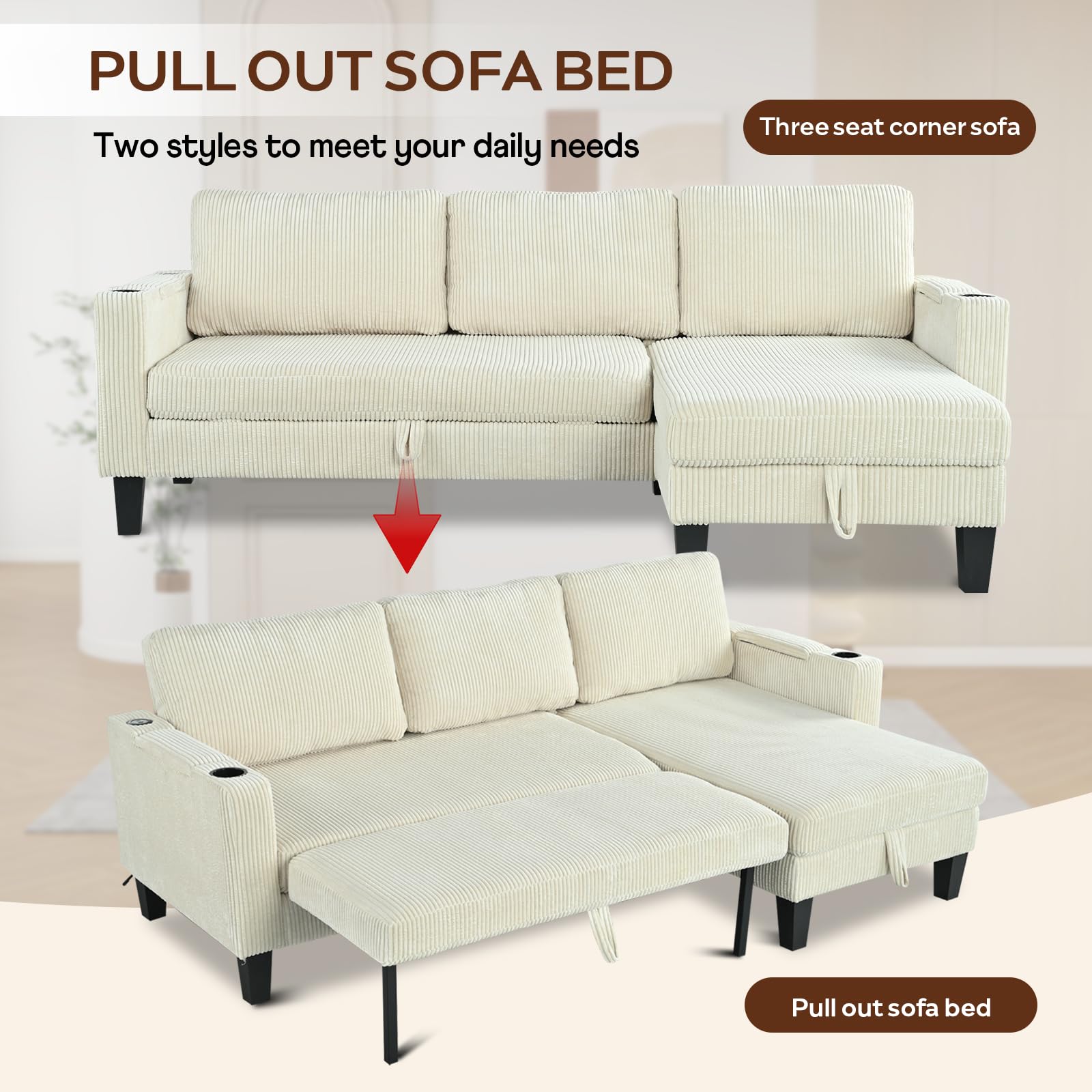 Modern Beige/Grey Reversible L-Shaped Sleeper Sofa with Storage & USB Ports