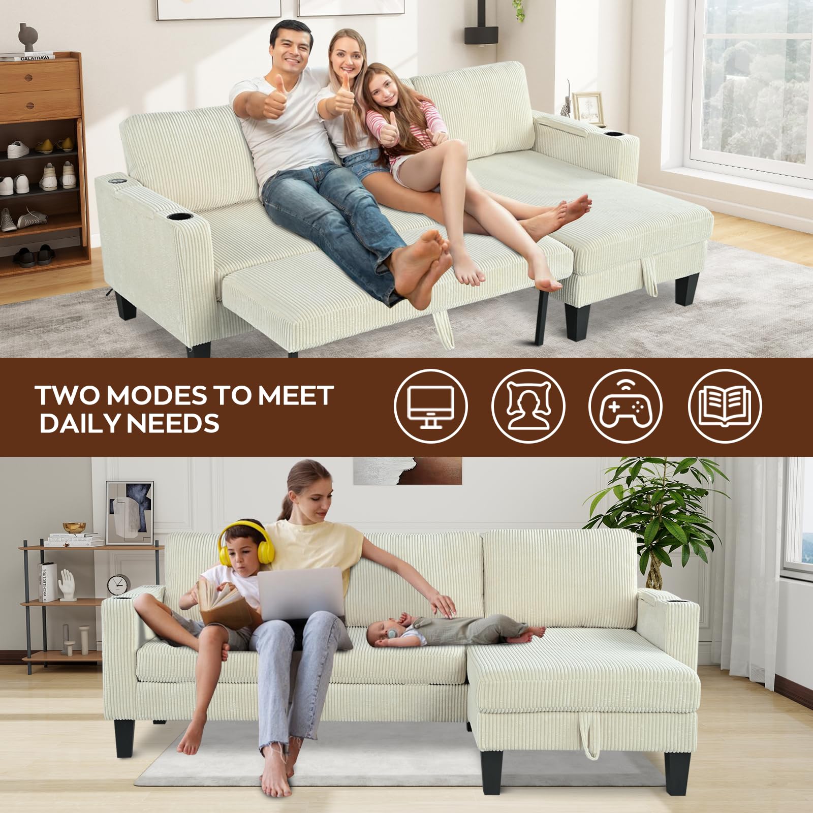 Modern Beige/Grey Reversible L-Shaped Sleeper Sofa with Storage & USB Ports