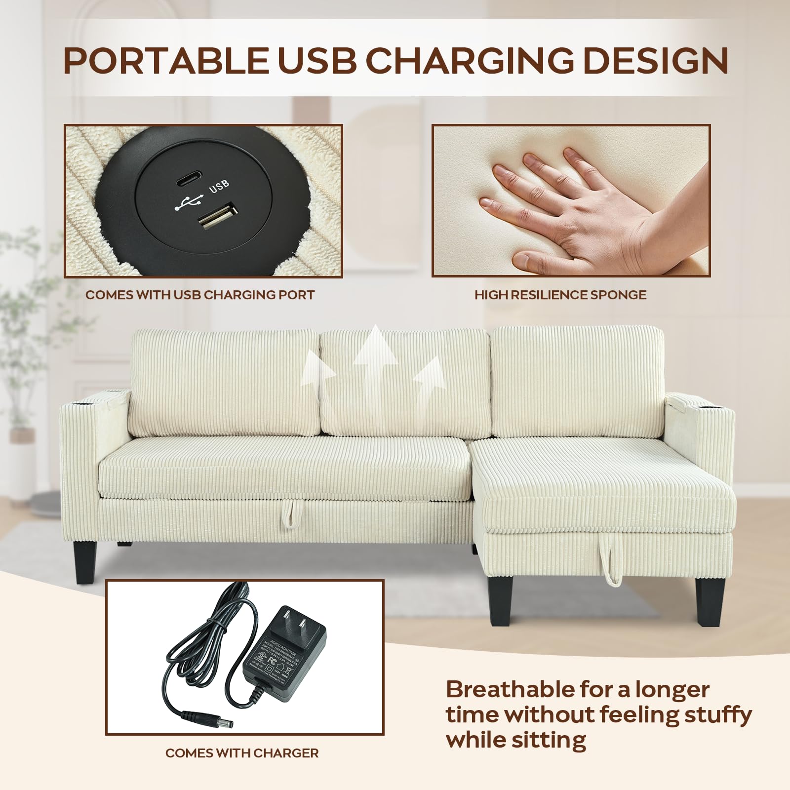 Modern Beige/Grey Reversible L-Shaped Sleeper Sofa with Storage & USB Ports