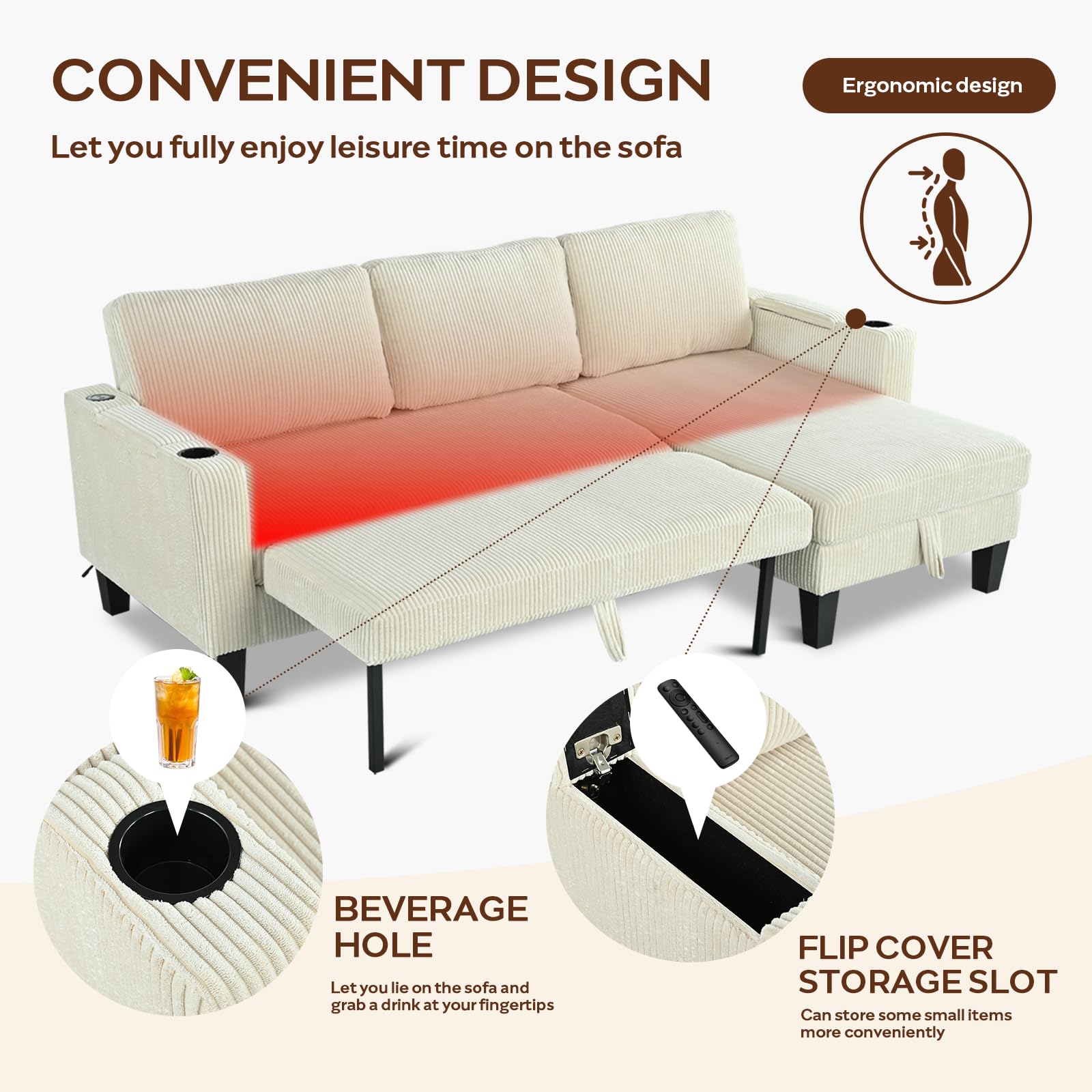 Modern Beige/Grey Reversible L-Shaped Sleeper Sofa with Storage & USB Ports