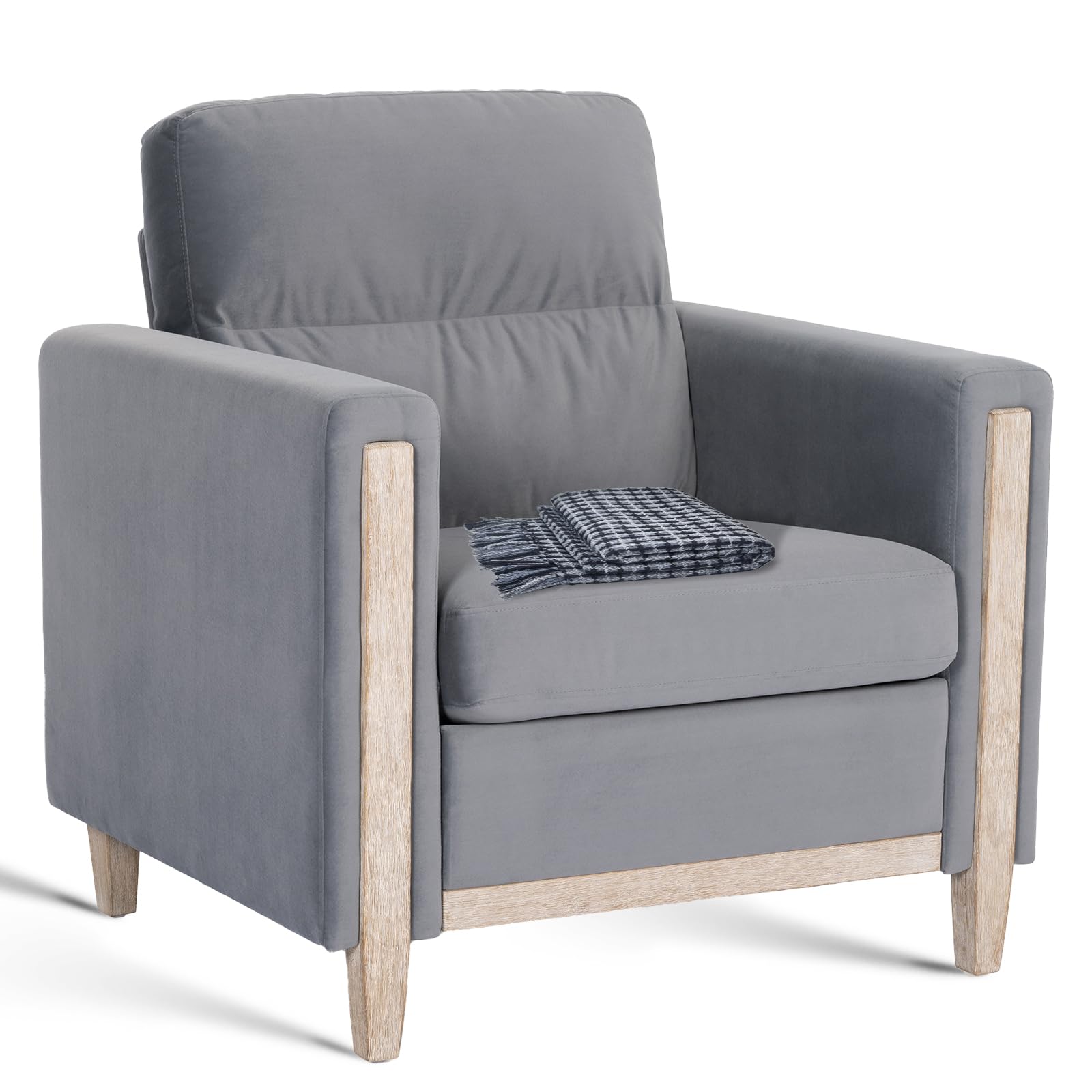 Modern  PU Leather & Velvet Upholstered Single Seater Accent Chair with Rubber Wood Legs