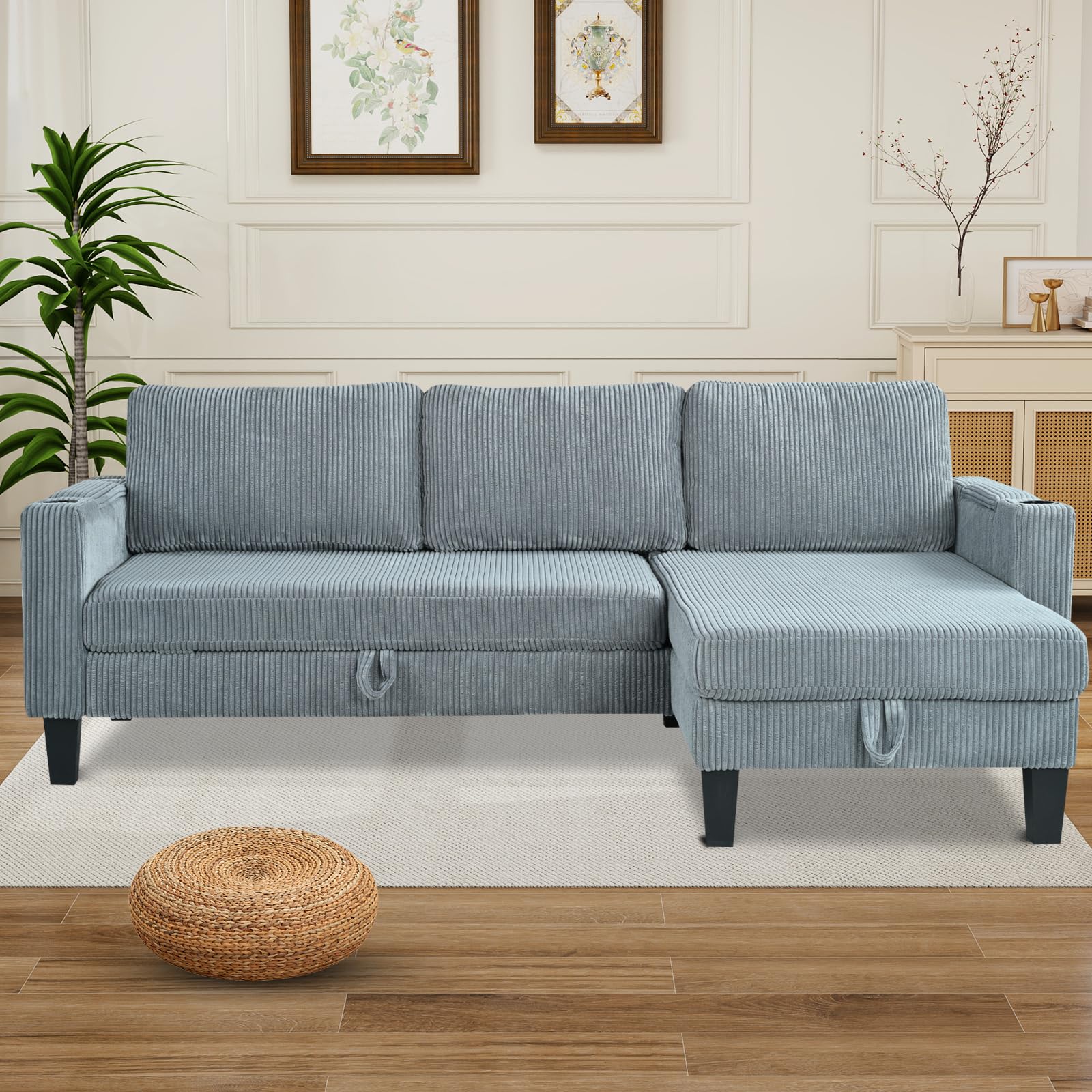 Modern Beige/Grey Reversible L-Shaped Sleeper Sofa with Storage & USB Ports