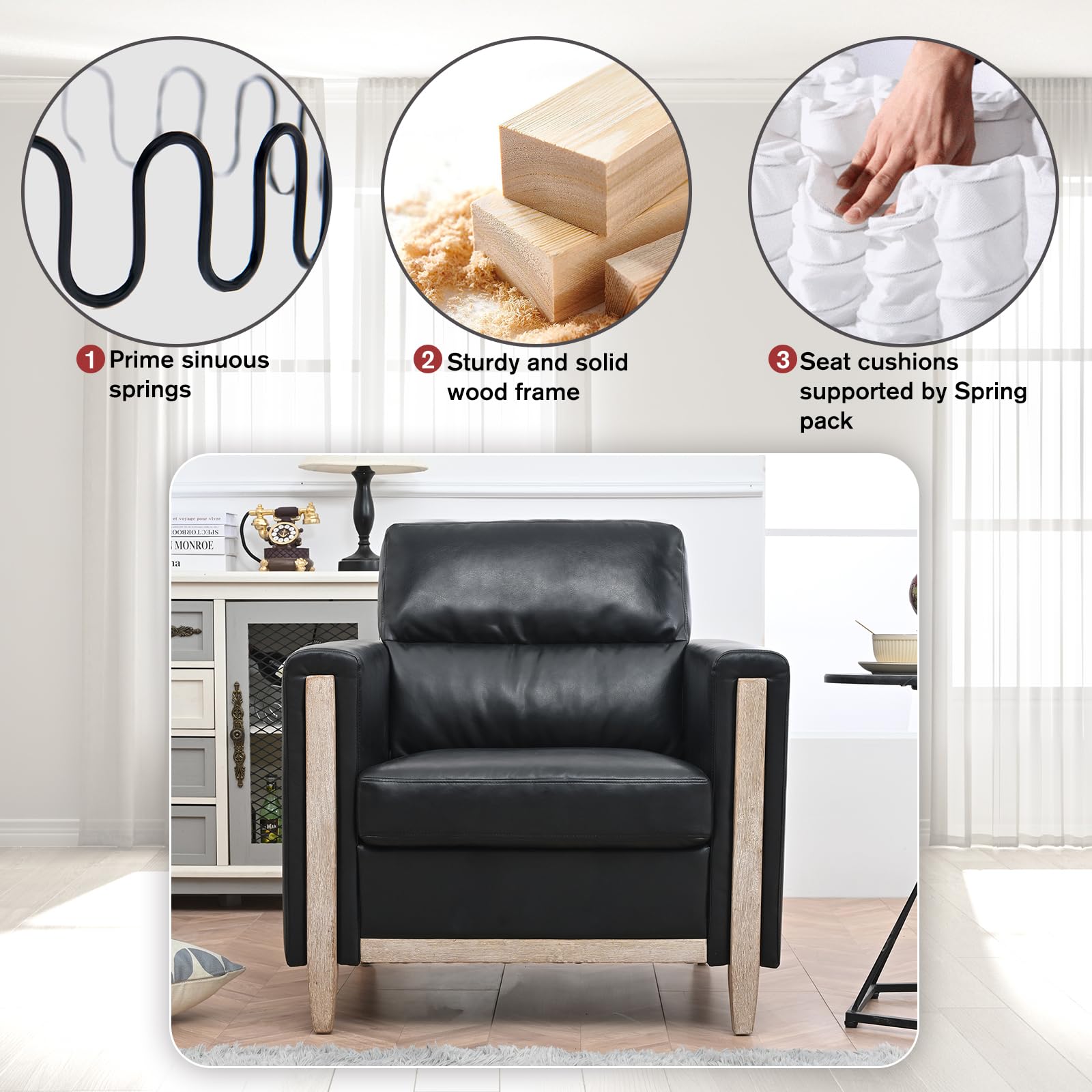 Modern  PU Leather & Velvet Upholstered Single Seater Accent Chair with Rubber Wood Legs