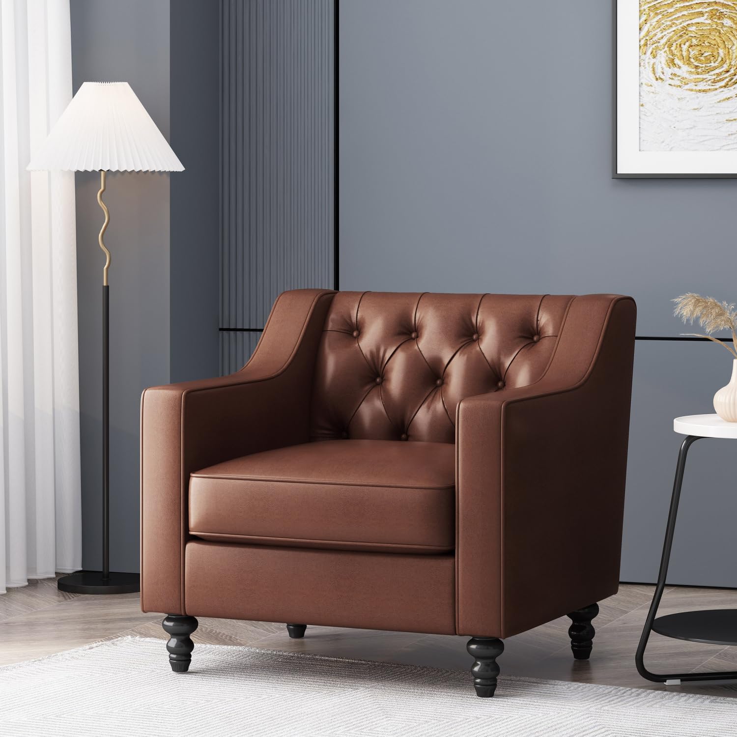 Modern Light Brown/Brown Ergonomic PU Leather Button-Tufted Club Chair