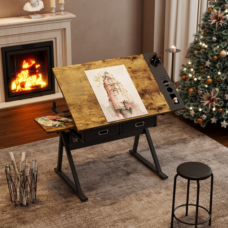 adjustable drawing drafting table desk with 2 drawers for home office and school with stool(wood)