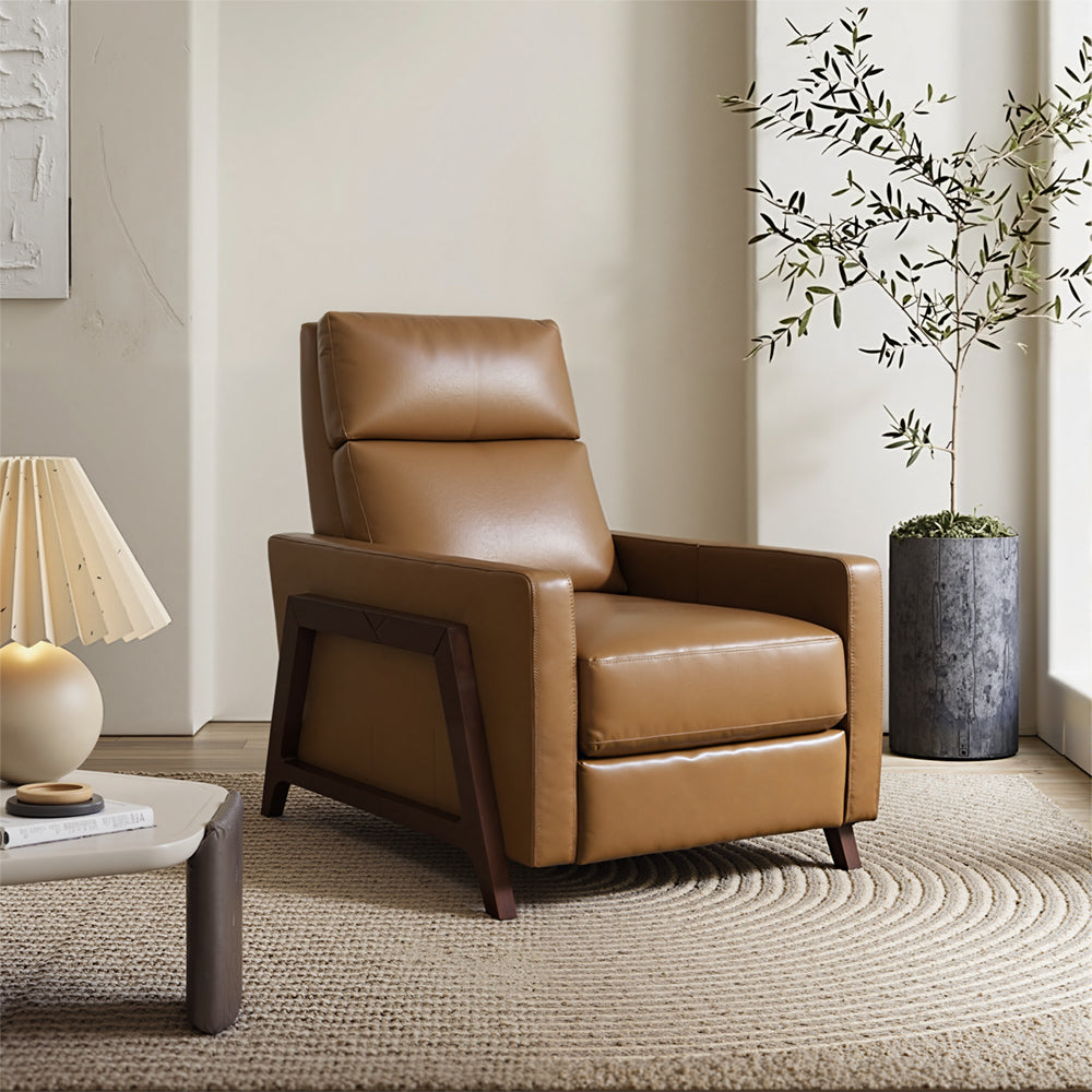 Scandinavian Style Recliner with Push-Back for Home, Leather, Walnut