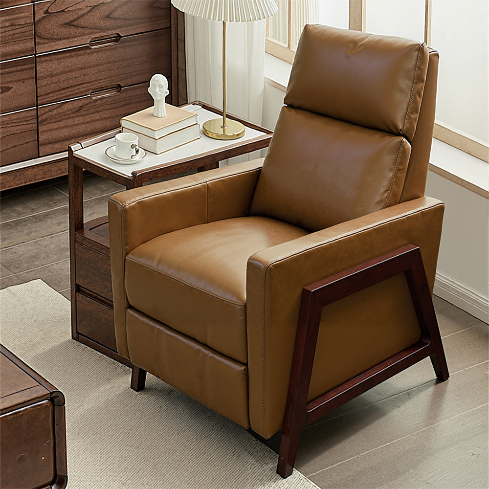 Scandinavian Style Recliner with Push-Back for Home, Leather, Walnut
