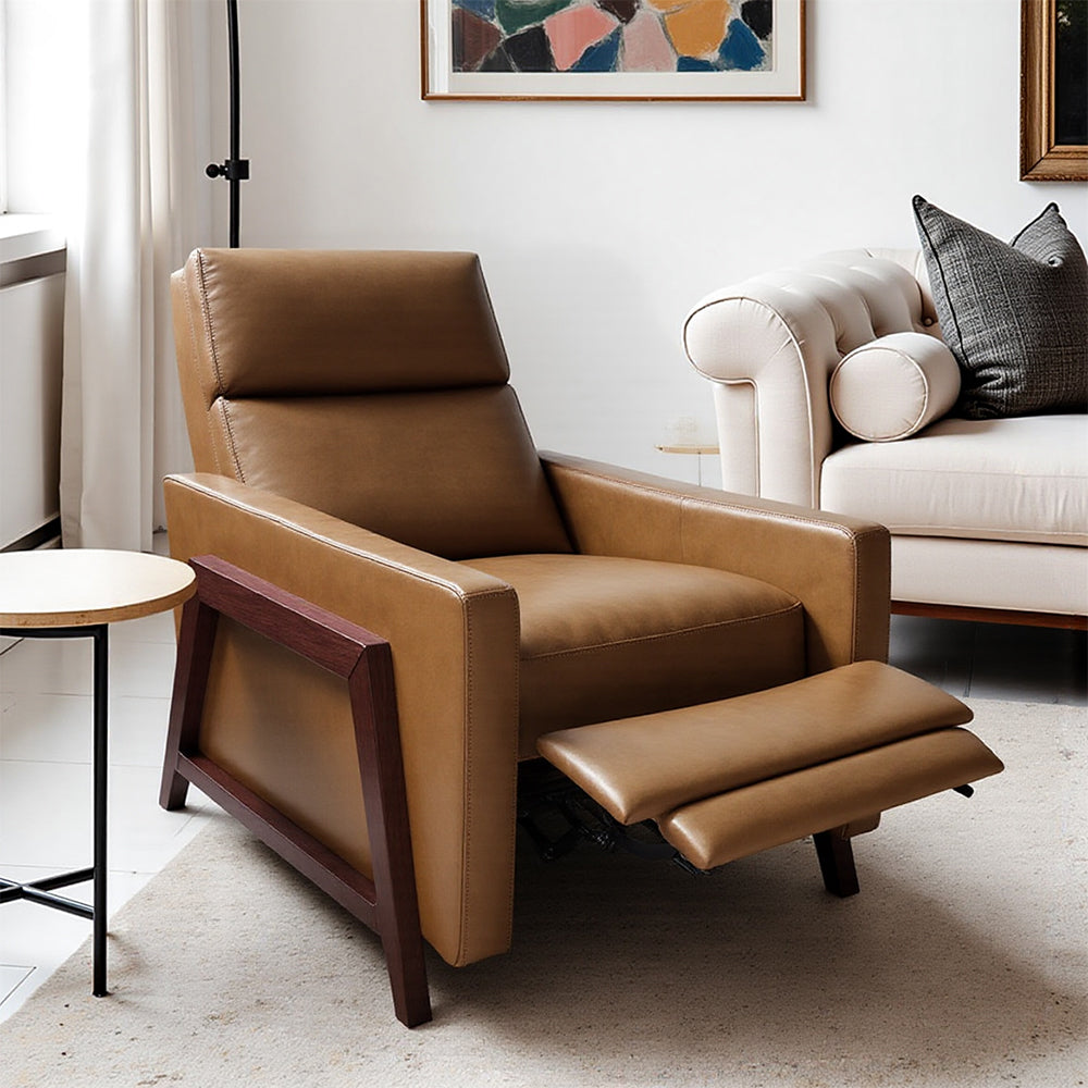 Scandinavian Style Recliner with Push-Back for Home, Leather, Walnut