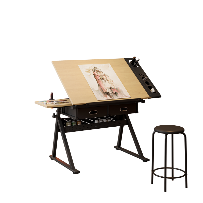 adjustable drawing drafting table desk with 2 drawers for home office and school with stool(wood)