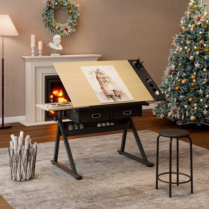 Adjustable drawing drafting table desk with 2 drawers for home office and school with stool(wood)