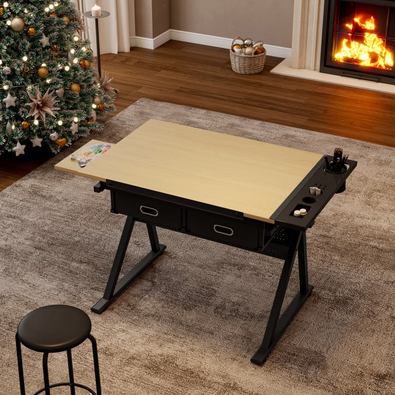 Adjustable drawing drafting table desk with 2 drawers for home office and school with stool(wood)