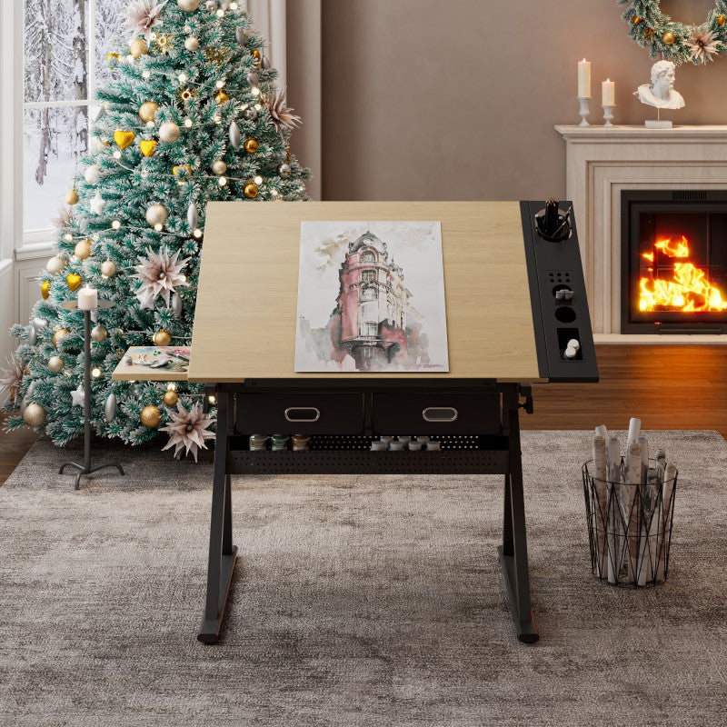 adjustable drawing drafting table desk with 2 drawers for home office and school with stool(wood)