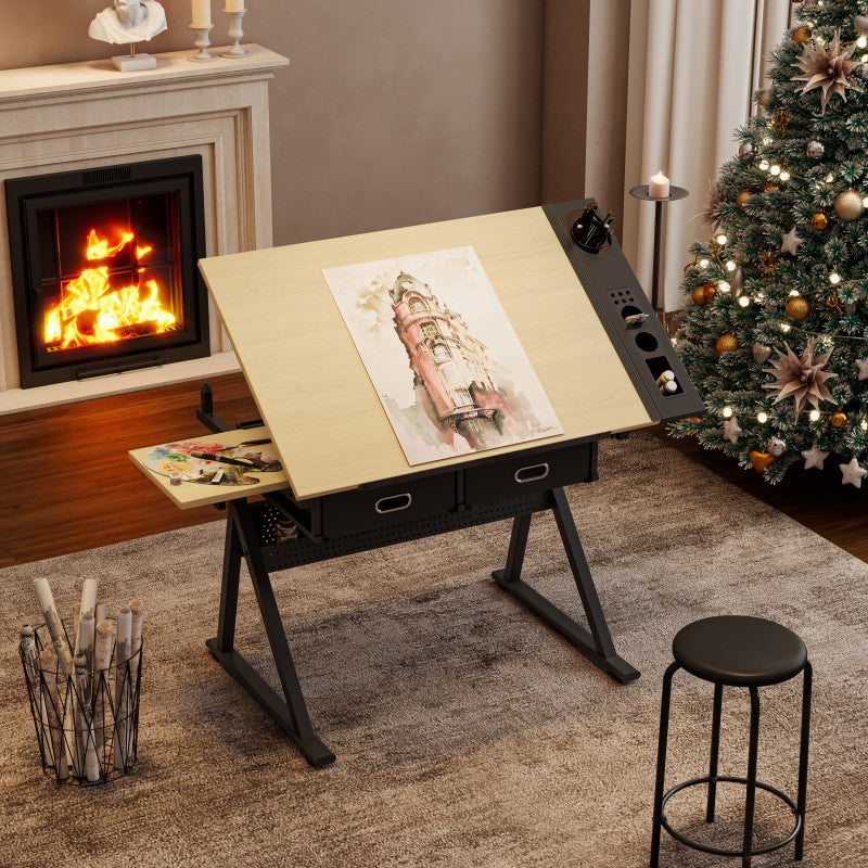 Adjustable drafting table with 2 drawers for home office and school