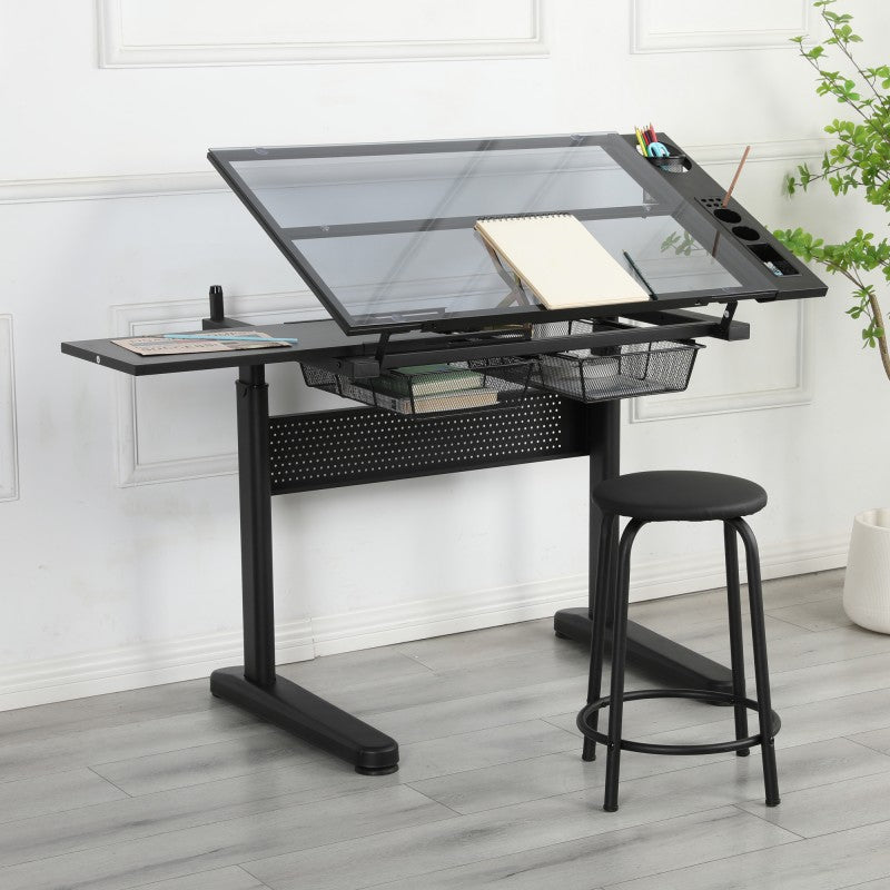 Hand crank adjustable drafting table drawing desk with 2 metal drawers (BLACK)WITH STOOL