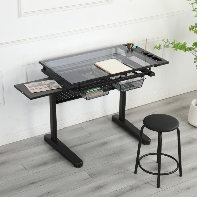 hand crank adjustable drafting table drawing desk with 2 metal drawers (BLACK)WITH STOOL