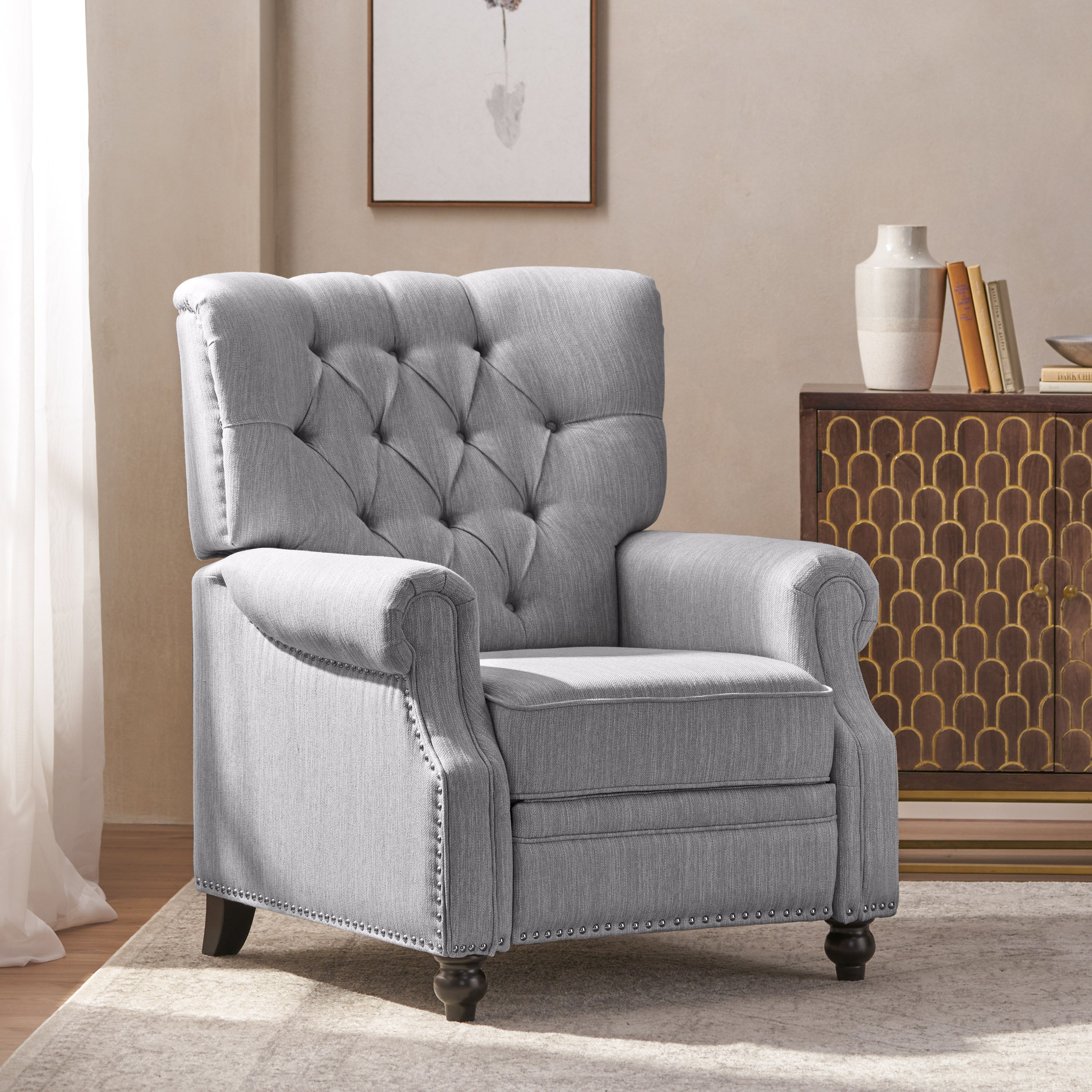 Classic Grey Button-Tufted Heavy-Duty Manual Recliner Sofa Chair