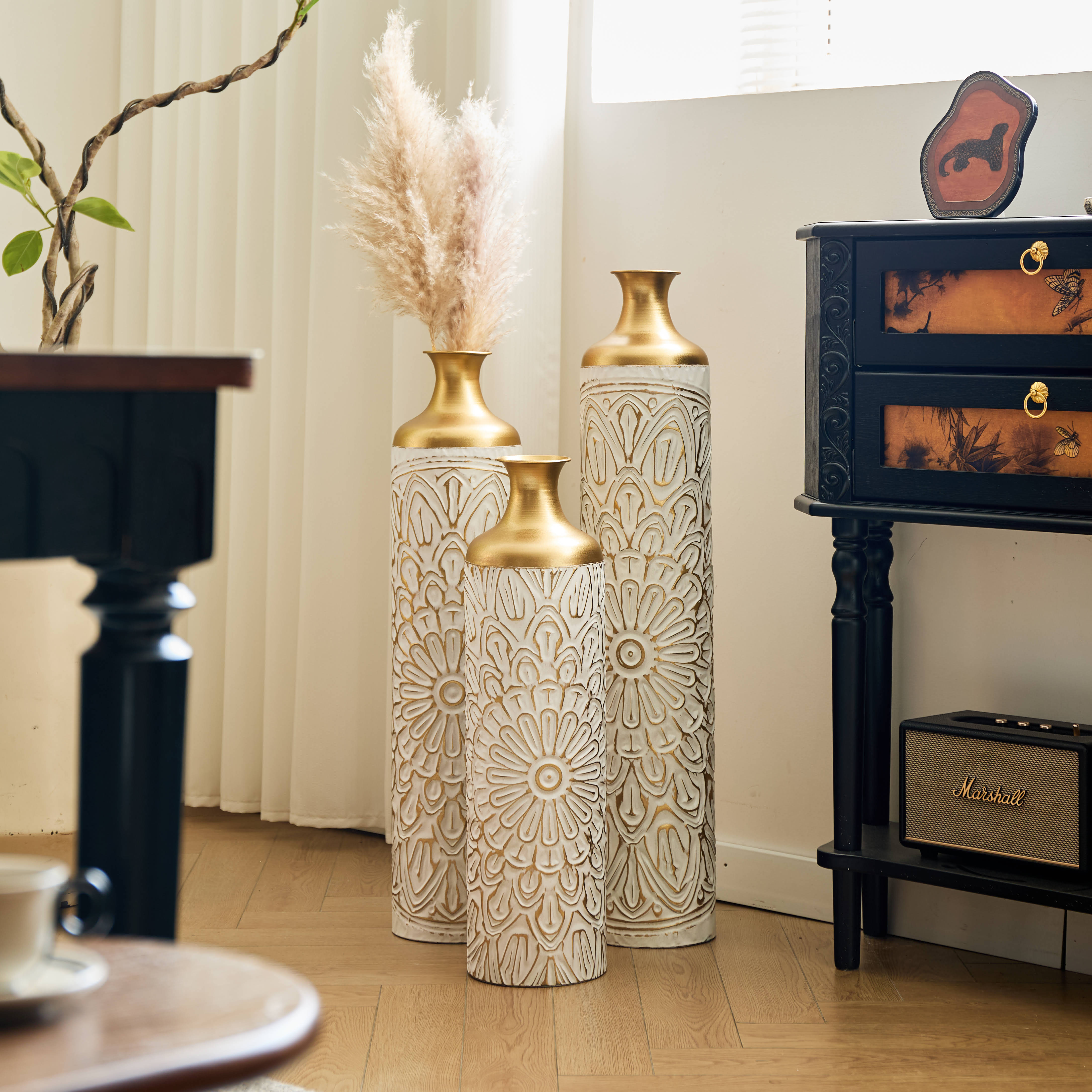 3-piece home decoration large glazed metal vase -- Floor metal vase modern style decoration home