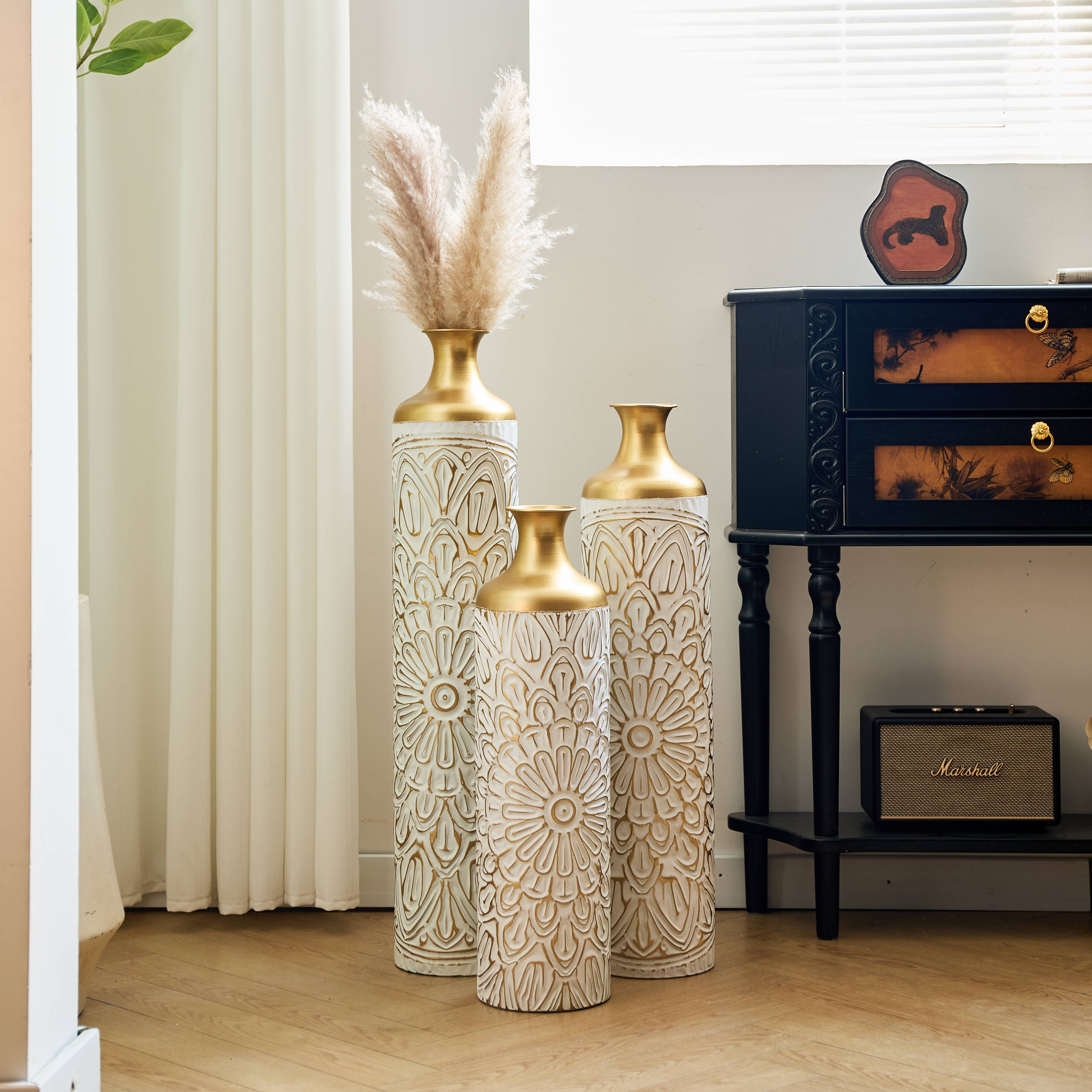 3-piece home decoration large glazed metal vase -- Floor metal vase modern style decoration home