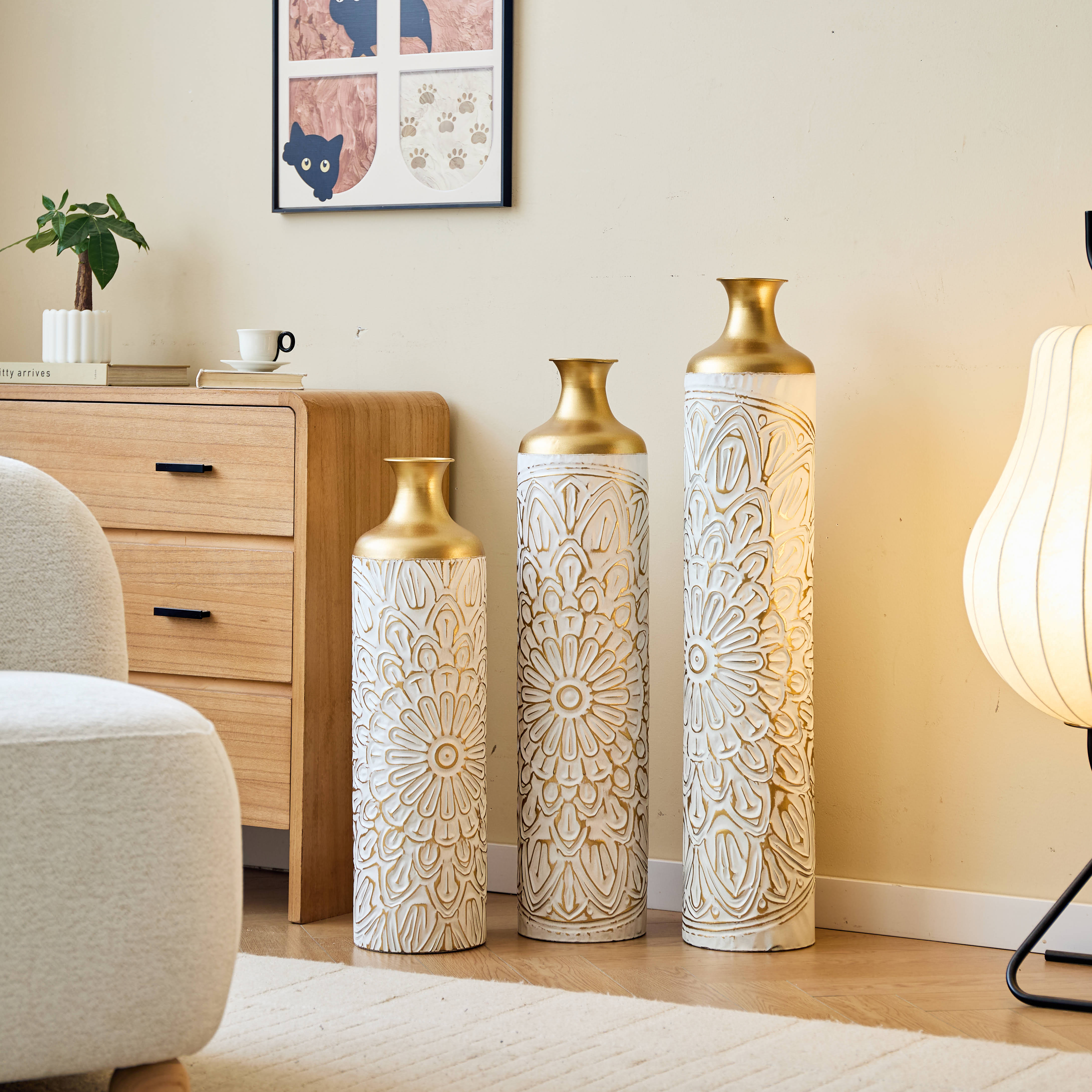 3-piece home decoration large glazed metal vase -- Floor metal vase modern style decoration home