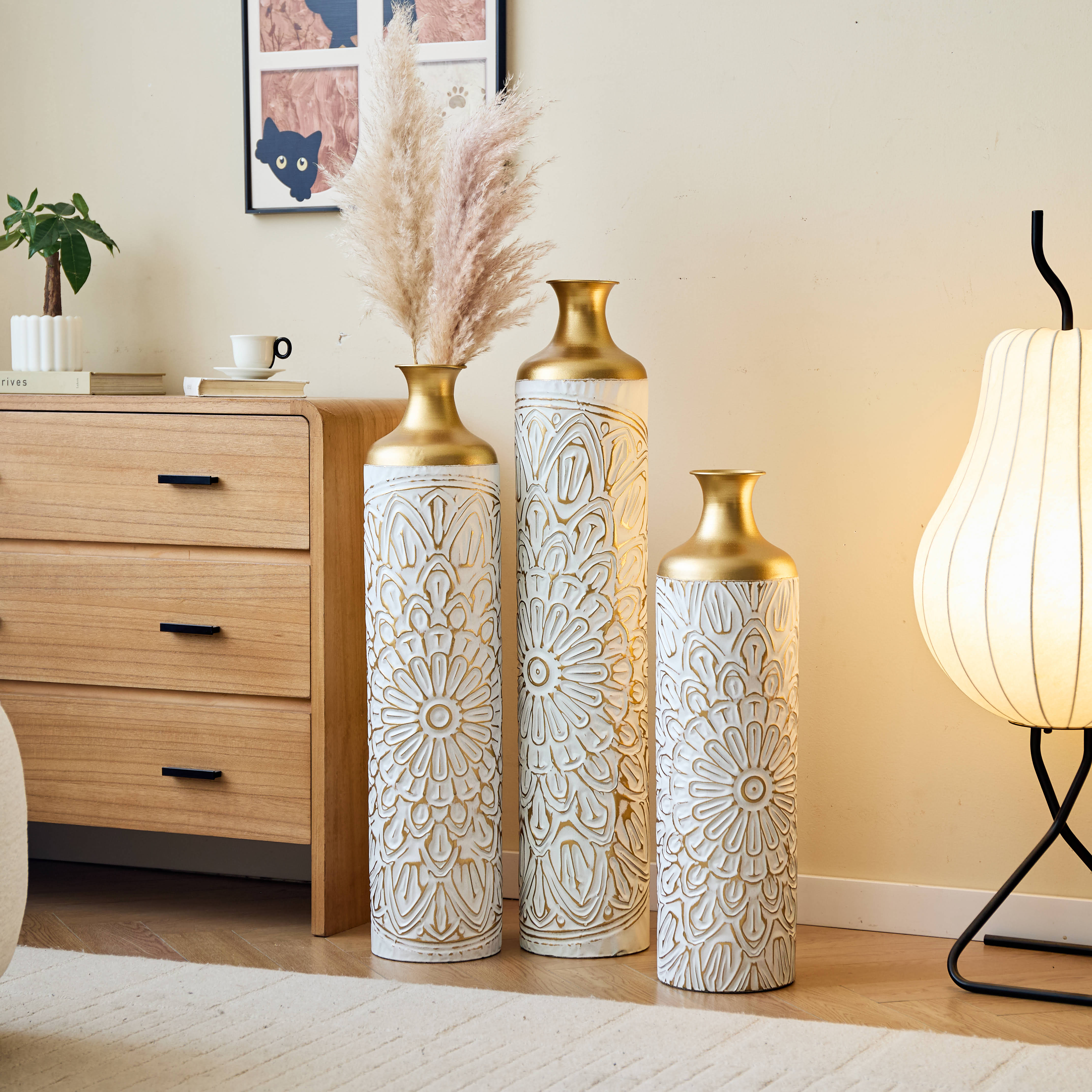 3-piece home decoration large glazed metal vase -- Floor metal vase modern style decoration home