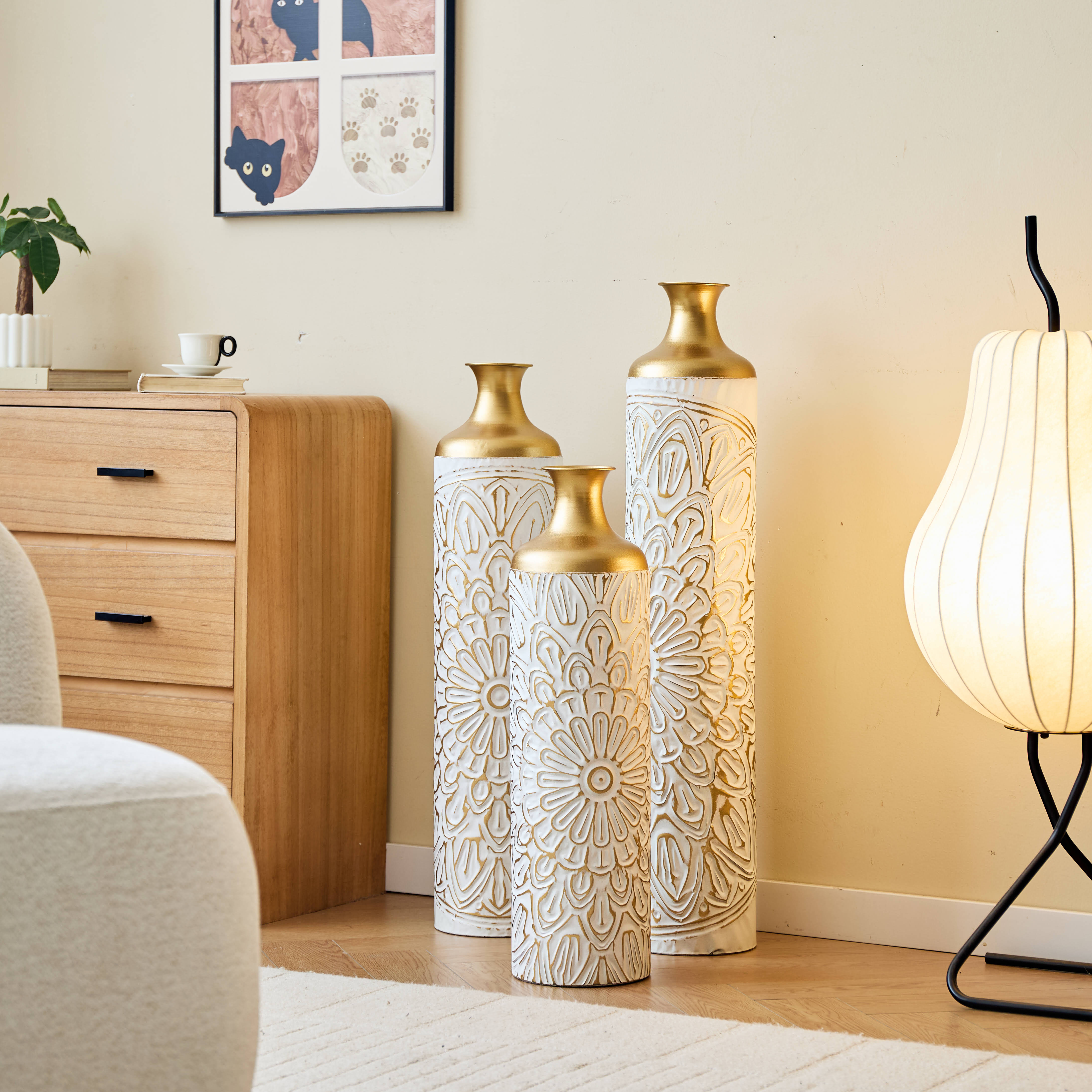 3-piece home decoration large glazed metal vase -- Floor metal vase modern style decoration home