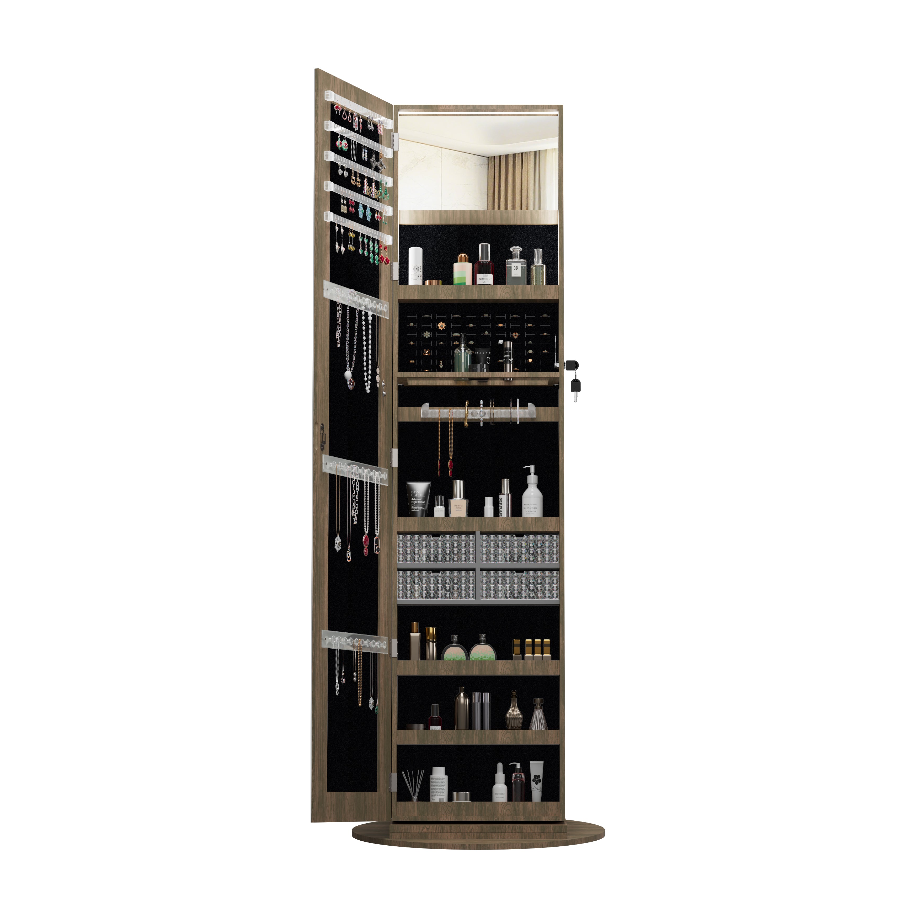 360° Swivel Jewelry Cabinet with Full Length Mirror Lockable Jewelry Storage Cabinet