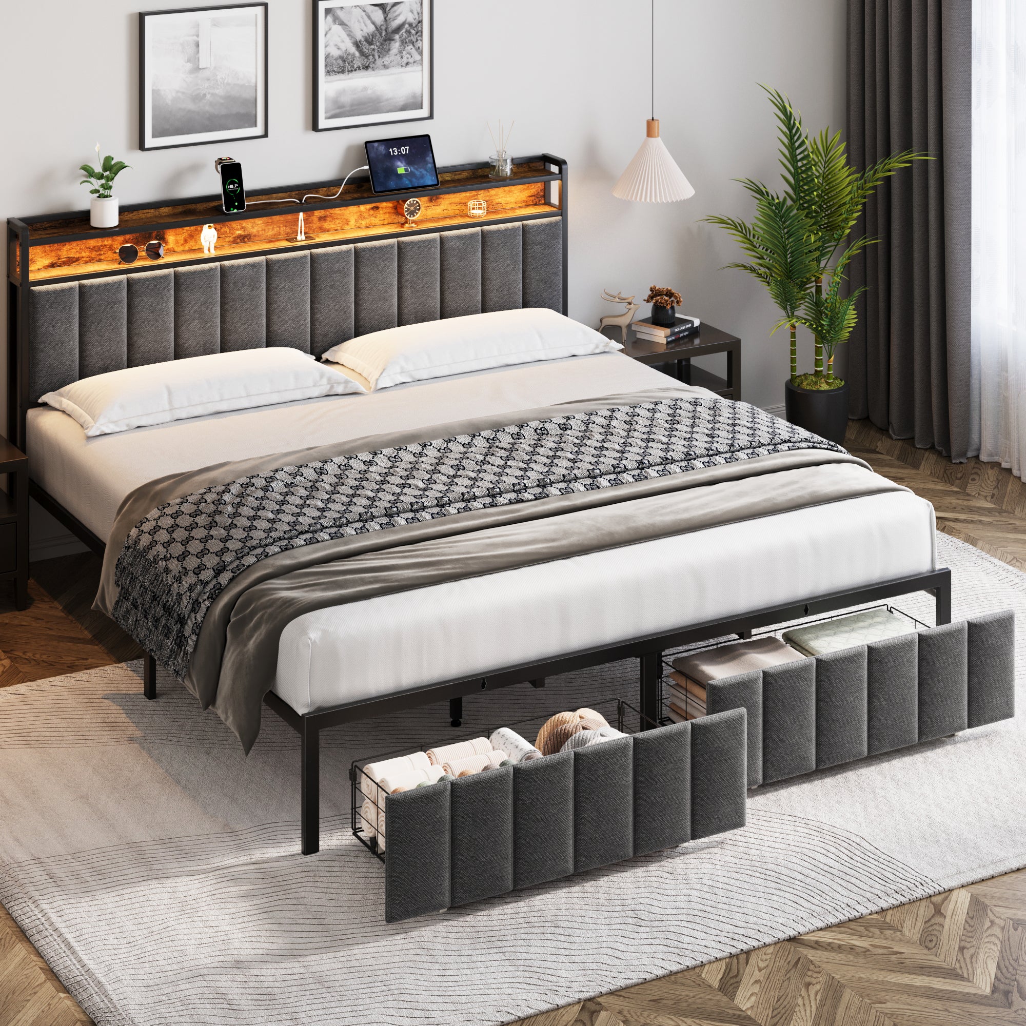 Upholstered Bed Frame with 2 Drawers, LED Lights Headboard and Charging Station